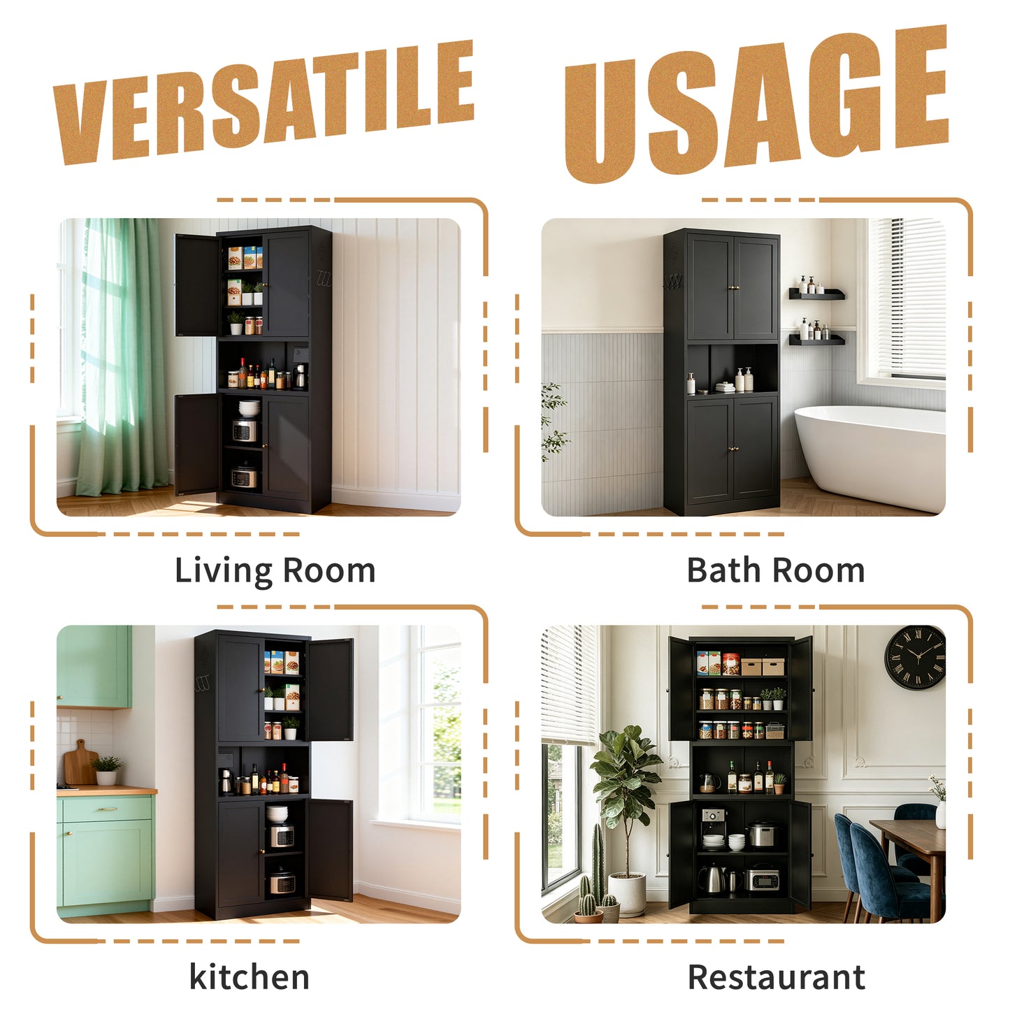 VIYET 72" Black Metal Kitchen Pantry Cabinet with Large Countertop, Adjustable Shelves & Hooks, Freestanding Coffee Bar Storage Cabinet