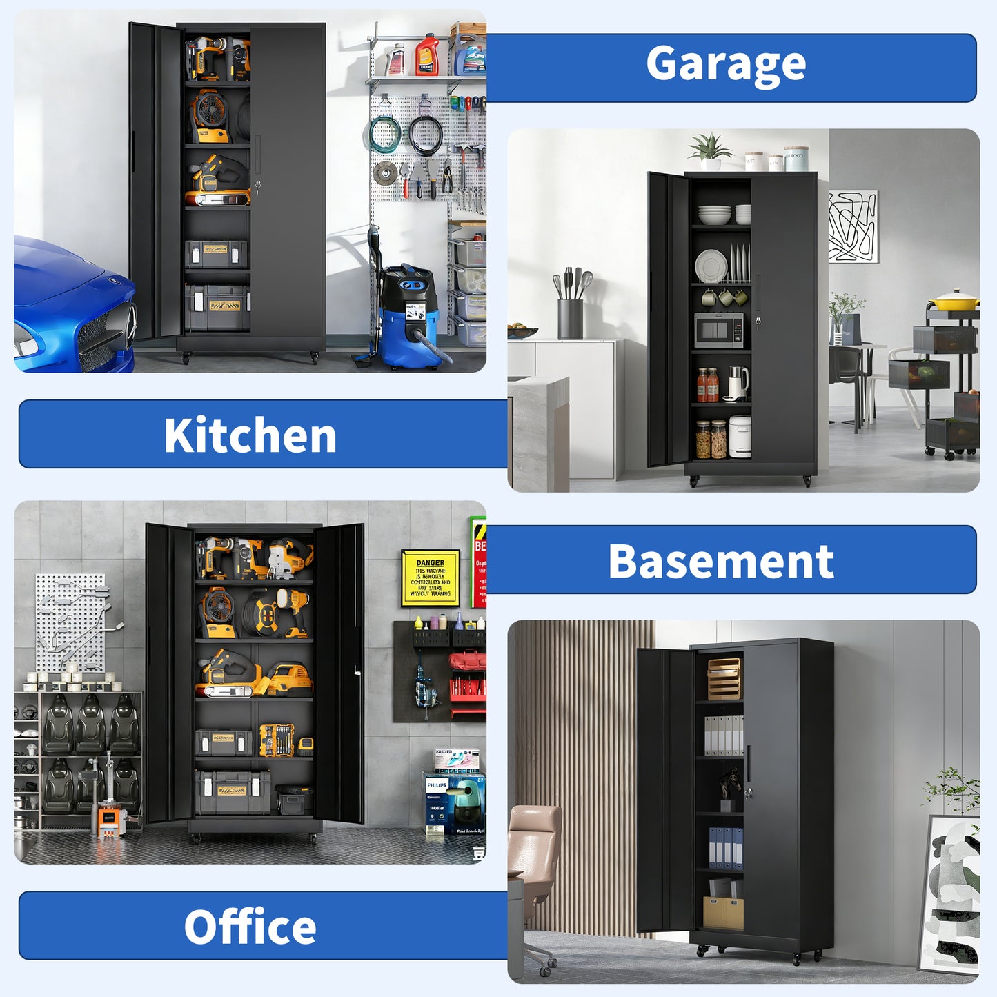 VIYET 71"H Rolling Garage Storage Cabinet,Heavy-Duty Metal Lockable Cabinet w/ 4 Adjustable Shelves (Mobile Tool Organizer for Workshop/Office)