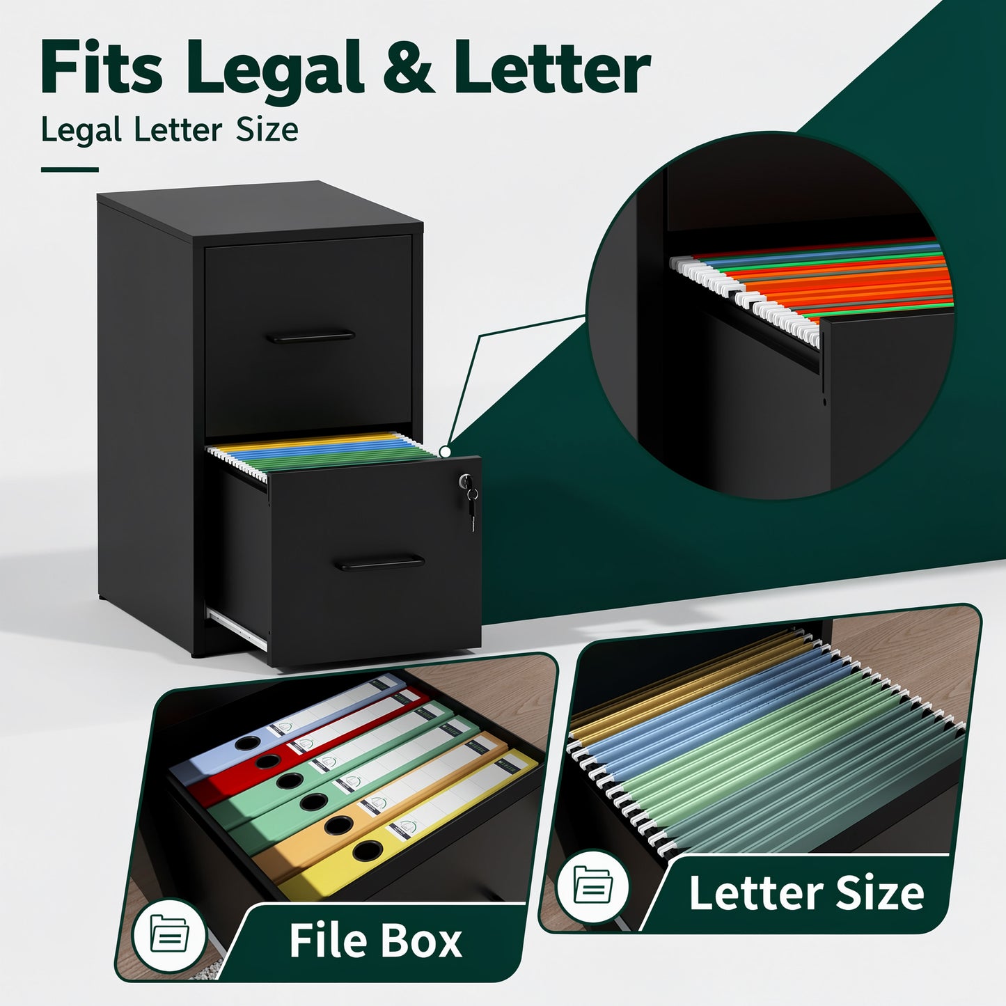 VIYET 2 Drawer Vertical File Cabinet with Lock, Metal Under Desk Filing Cabinet with Anti-Tip Kit, Adjustable Rails for Letter & Legal Files, Black Office Storage