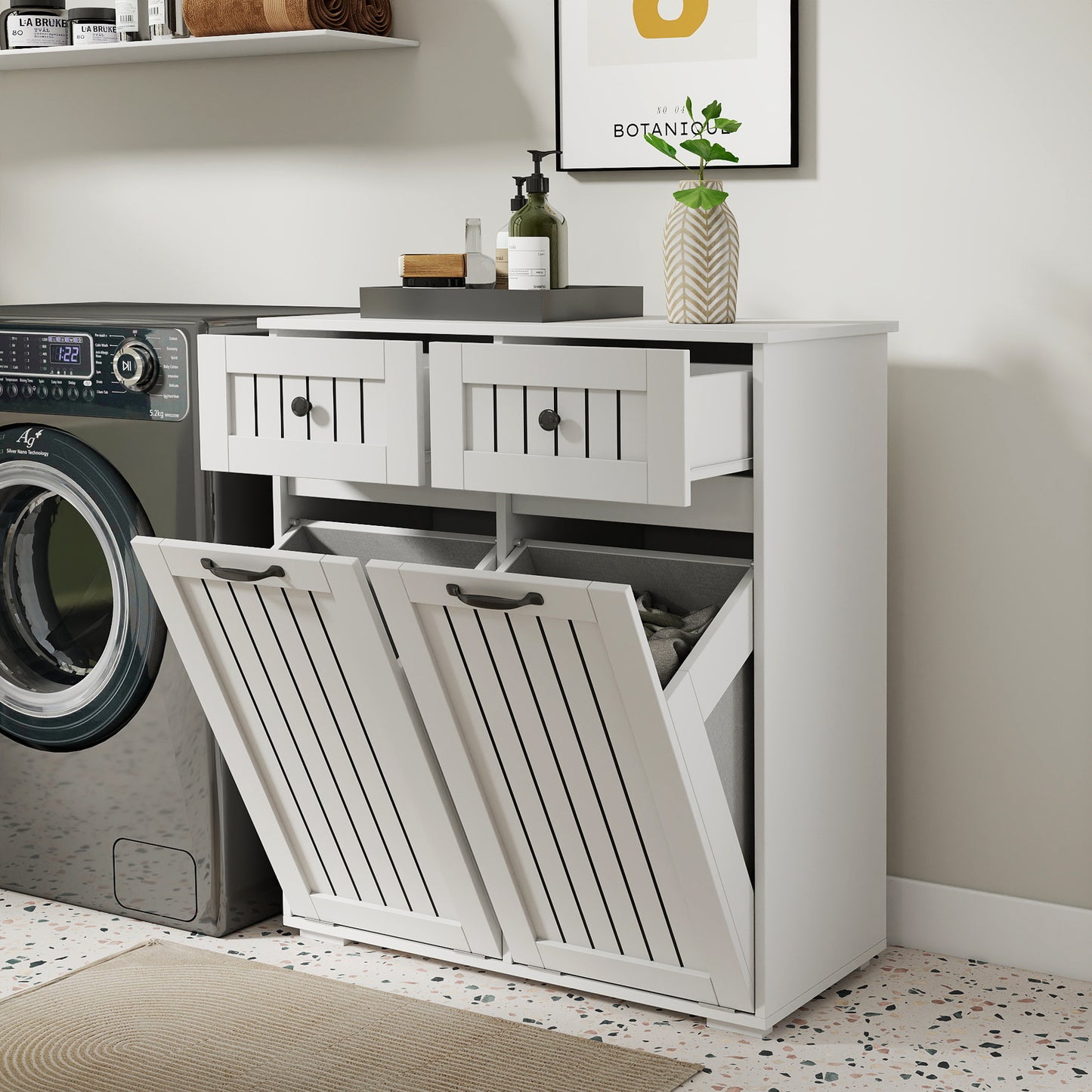 VIYET 35.8" White Laundry Cabinet - Particle Board+MDF, 2 Removable Baskets & 2 Light/Dark Sorting Drawers