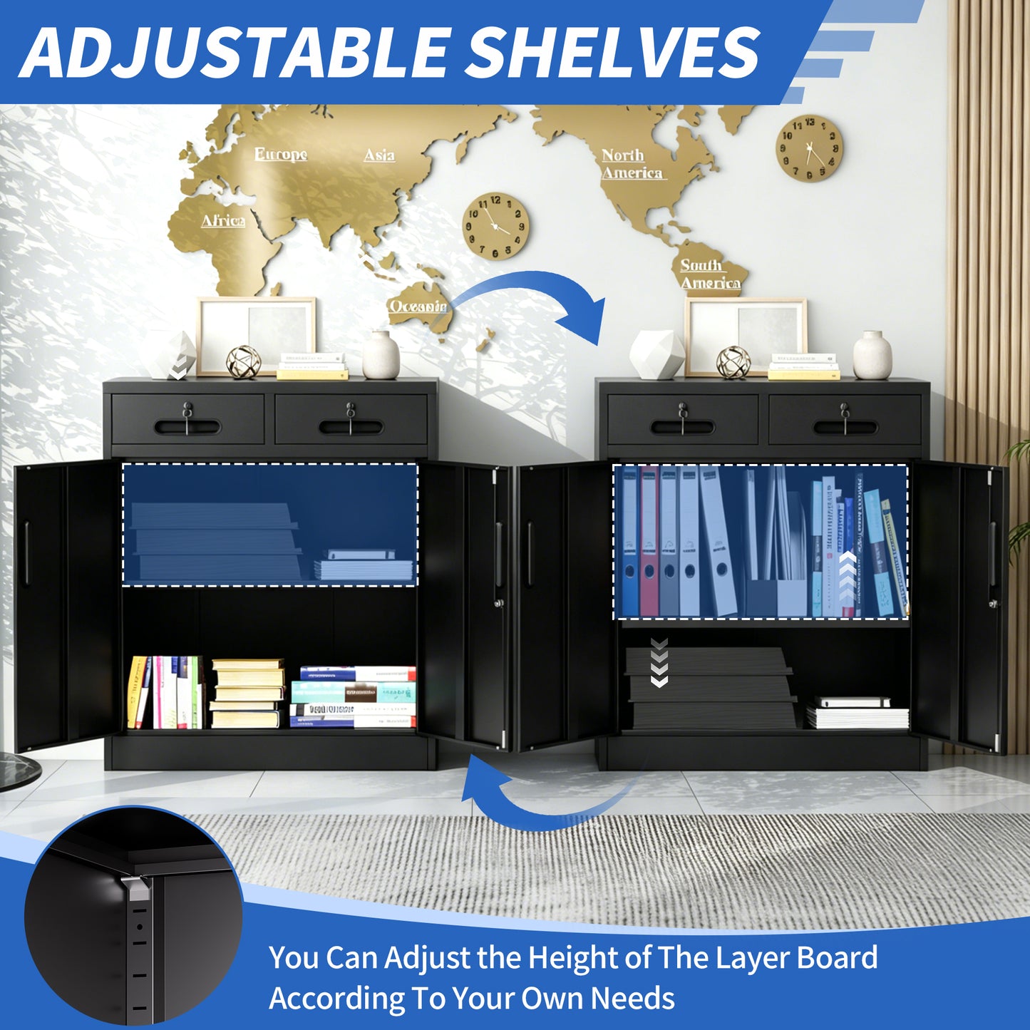 VIYET 35" Metal Storage Cabinet with Lock & 2 Drawers, Locking Steel Office File Cabinet with Adjustable Shelf for Home, Garage & School