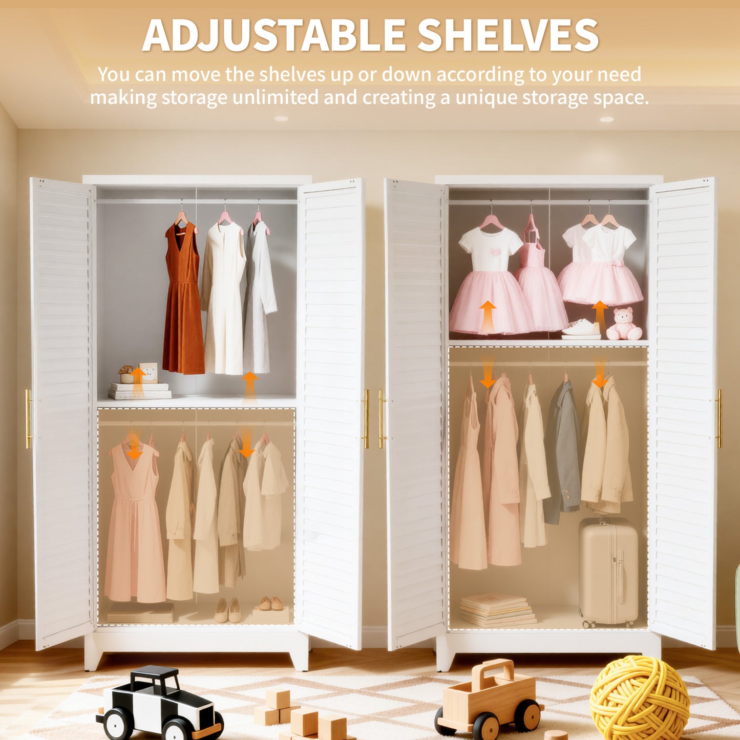 VIYET 71" Metal Wardrobe Closet with Adjustable Hanging Rod, Louvered Doors, Side Hooks & Shelves, Heavy Duty Clothing Storage Cabinet for Bedroom, Laundry Room, White