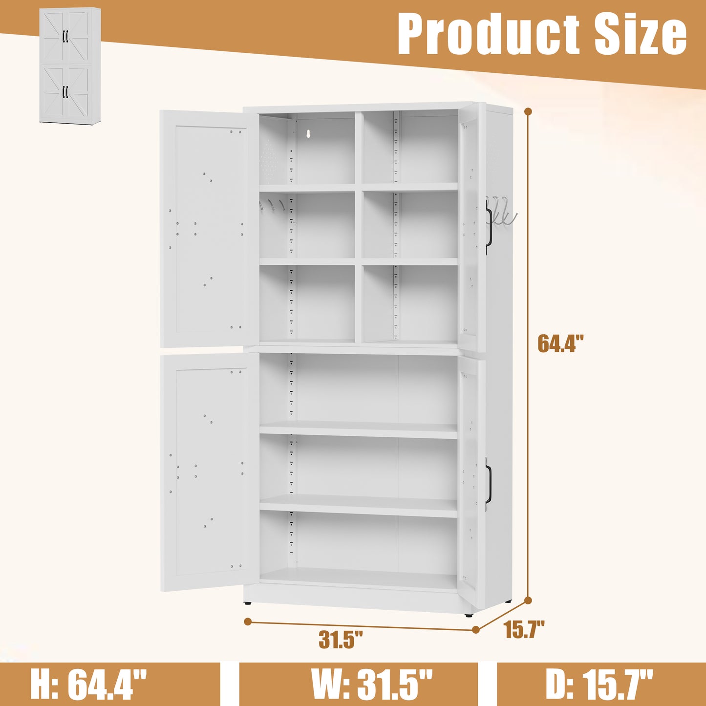 VIYET 64"H Heavy-Duty White Steel Pantry Cabinet,55LBS/Shelf Adjustable Shelves+Magnetic Door,for Kitchen/Bathroom/Living Room