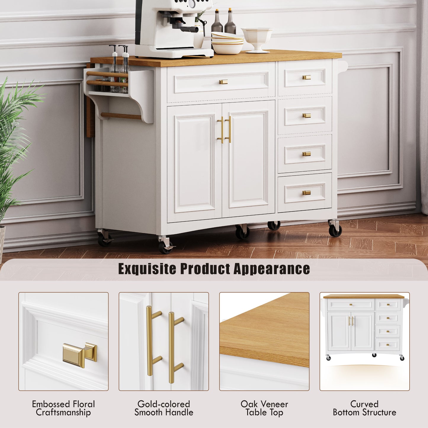 VIYET 36" K&K Kitchen Island with Drop Leaf, White MDF Storage Cart w/ Oak Veneer Top (2 Doors+5 Drawers+Adjustable Shelf)
