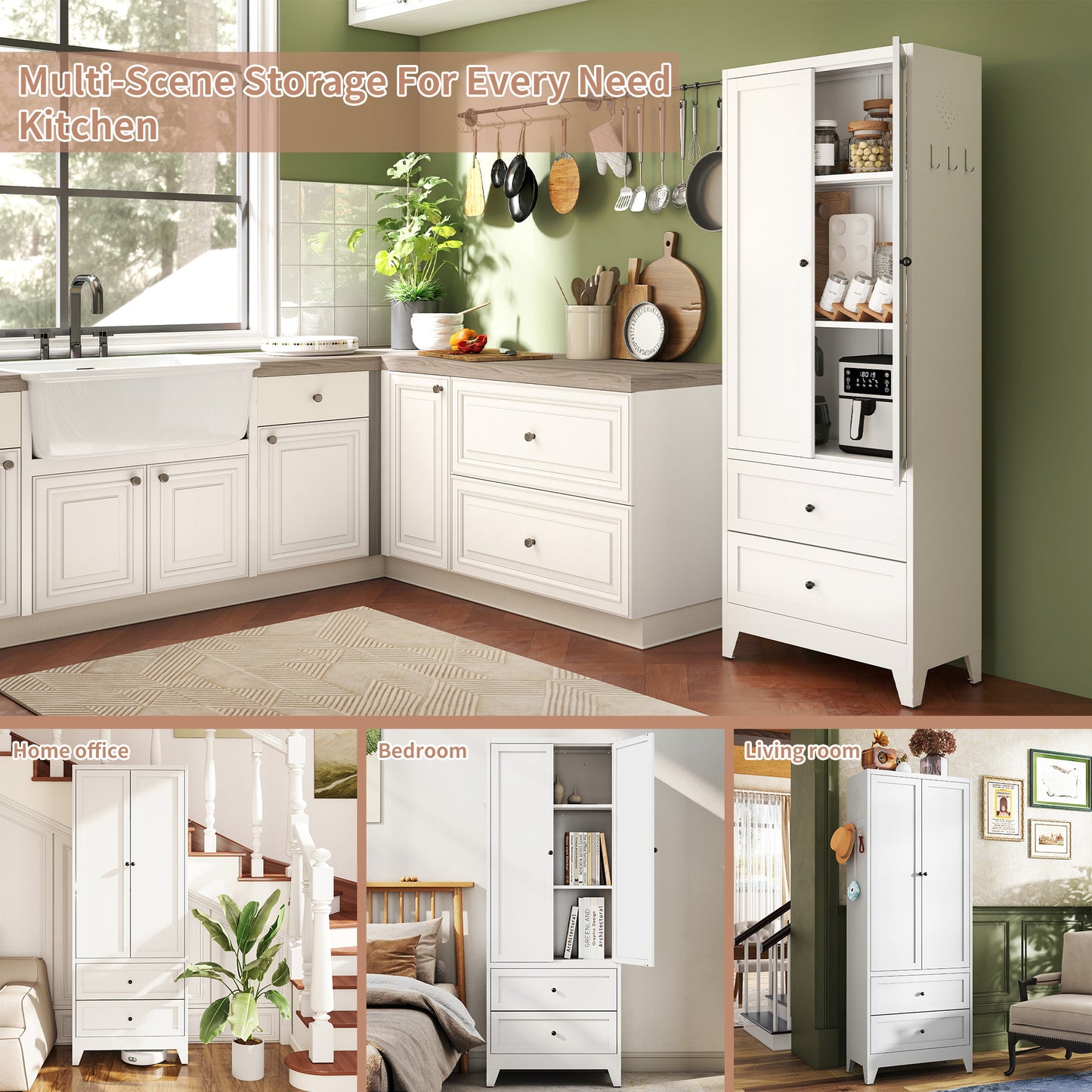 VIYET 72"H Heavy-Duty Steel Pantry Cabinet,2 Drawers+2 Adjustable Shelves,60LBS/Level Freestanding for Kitchen/Pantry/Dining Room (White)