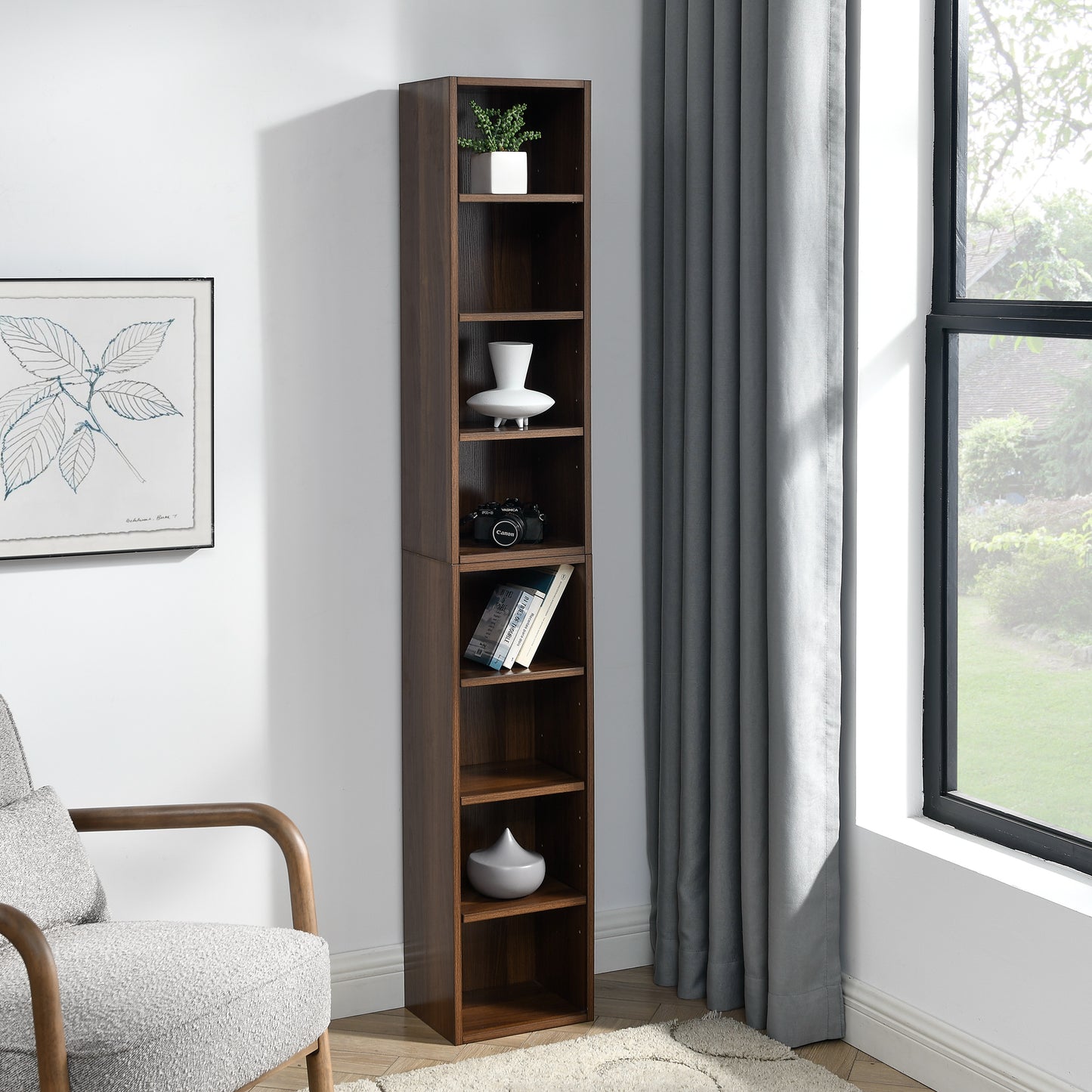 VIYET 11.6"×9.3"×70.9" 8-Tier Media Tower Rack - Walnut MDF, Adjustable Shelves