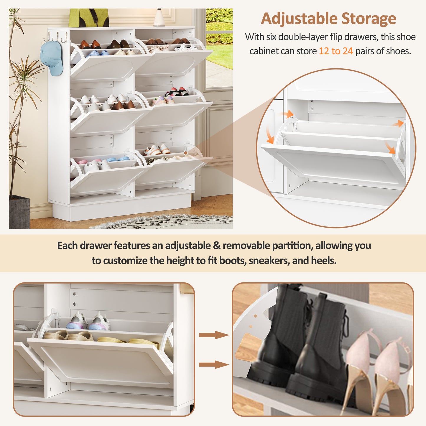 VIYET 49" Cream-Style Narrow Shoe Cabinet, White MDF Organizer w/ 6 Flip Drawers & 3 Silver Hooks (Adjustable Shelves)