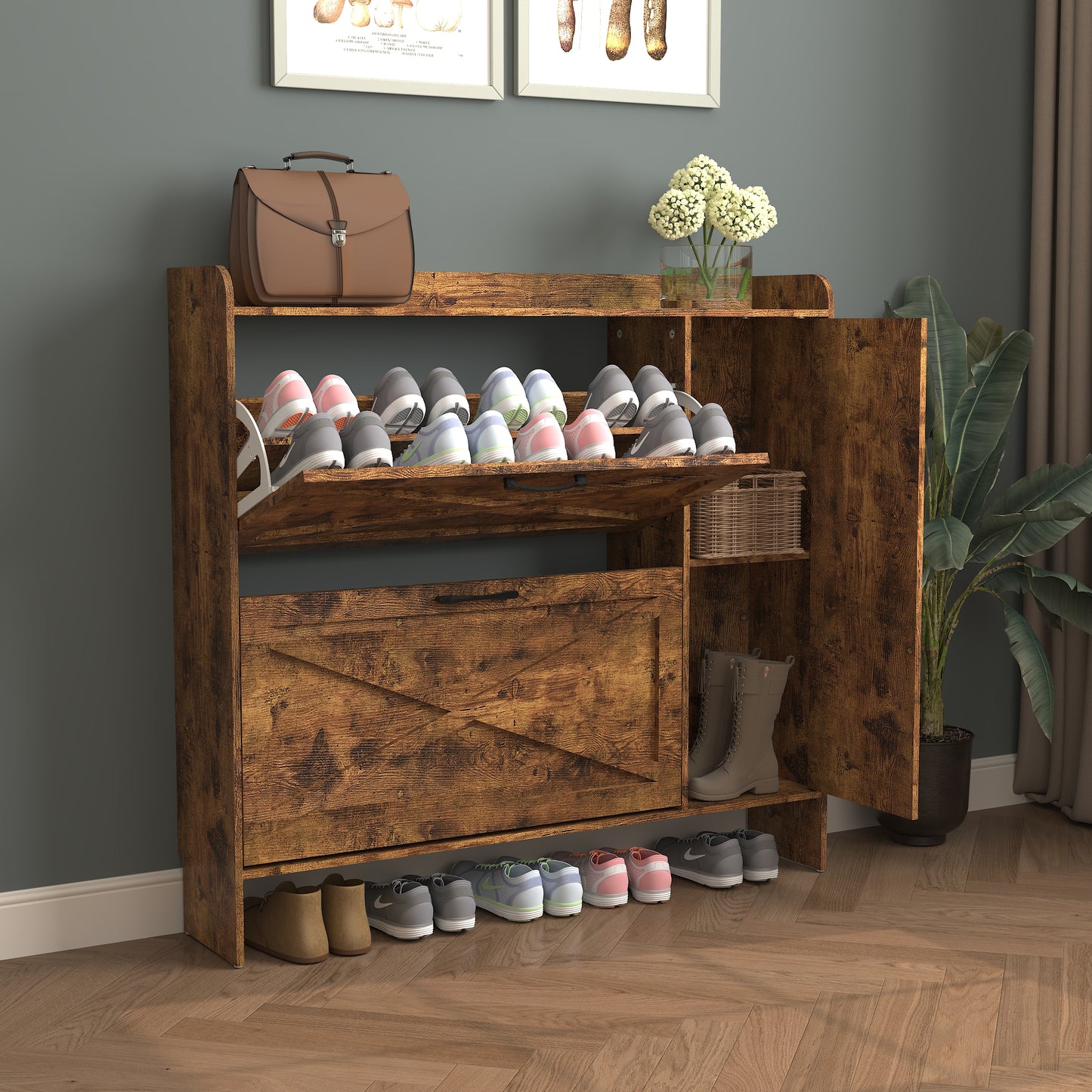 VIYET 41" Rustic Brown Freestanding Shoe Cabinet - MDF, 2 Flip Drawers & Mirror Doors, Narrow Entryway Storage, Customizable