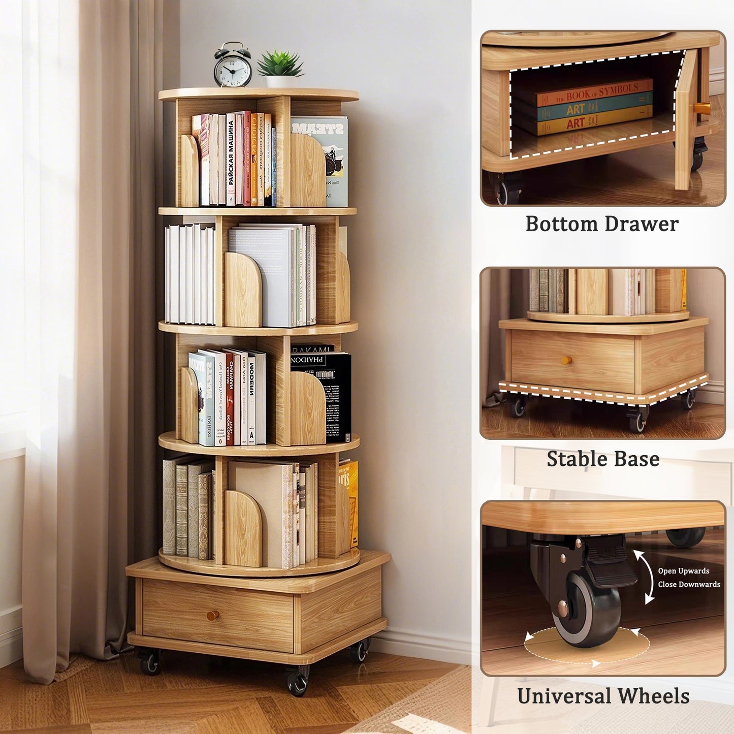 VIYET 56" 5-Tier 360° Rotating Bookshelf, Oak MDF Tower w/ Wheels & Drawer (Space-Saving Storage for Home/Office)