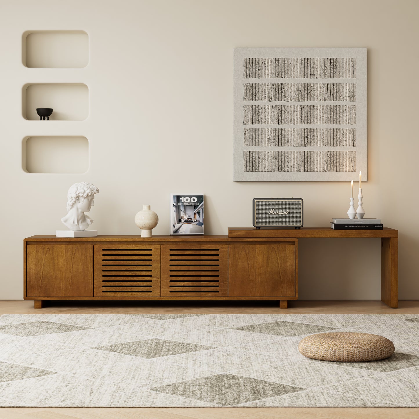 VIYET 63"Mid-Century Modern Extendable TV Stand for 55"-75" TVs, Farmhouse Media Console w/ Storage & Adjustable Panel, Brown Ebony