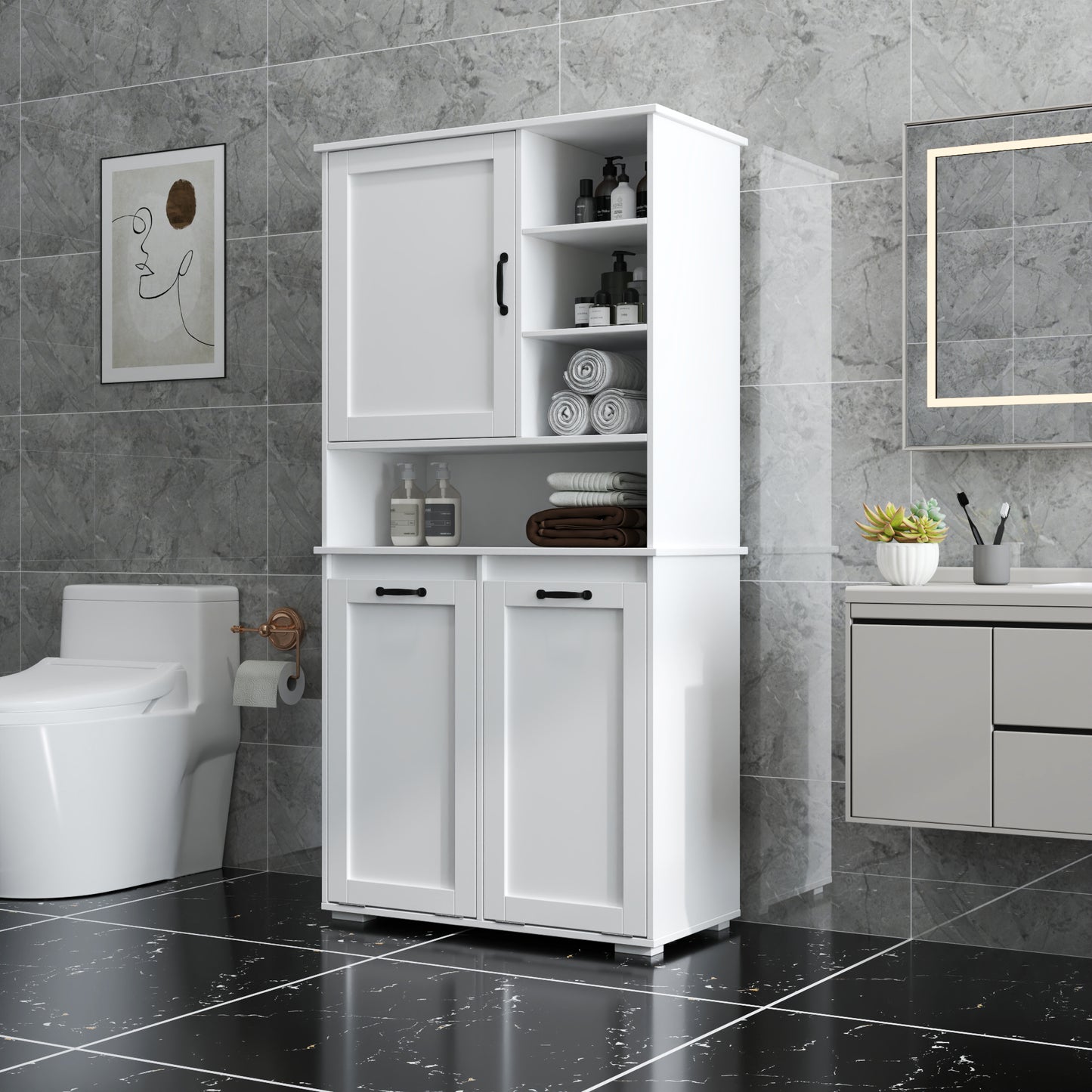 VIYET 63" White Freestanding Laundry Cabinet-Particle Board+MDF, Tilt-Out Hamper, Adjustable Shelves & Multiple Storage