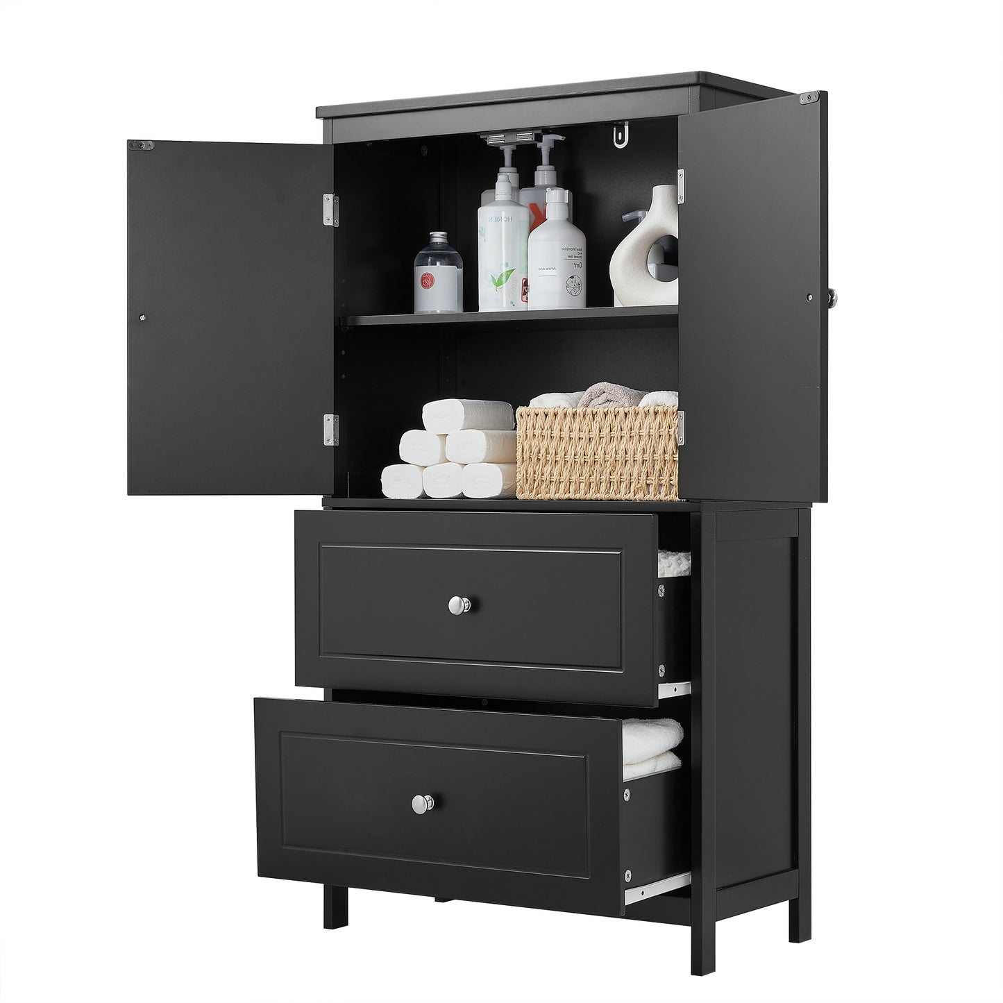 VIYET 43" 2-Door 2-Drawer Storage Cabinet, Black MDF Adjustable-Shelf Organizer, Anti-Tipping Waterproof Multi-Scene Cabinet