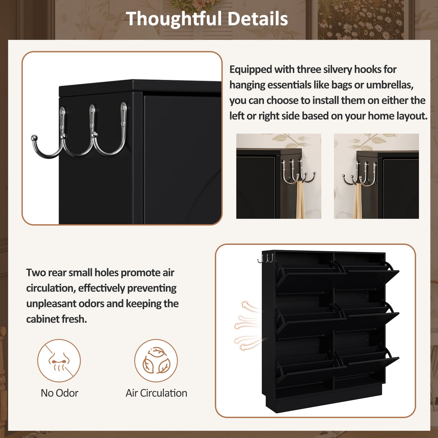 VIYET 49" 6-Flip-Drawer Narrow Shoe Cabinet, Black MDF Cream-Style Organizer w/ Adjustable Shelves & 3 Silver Hooks