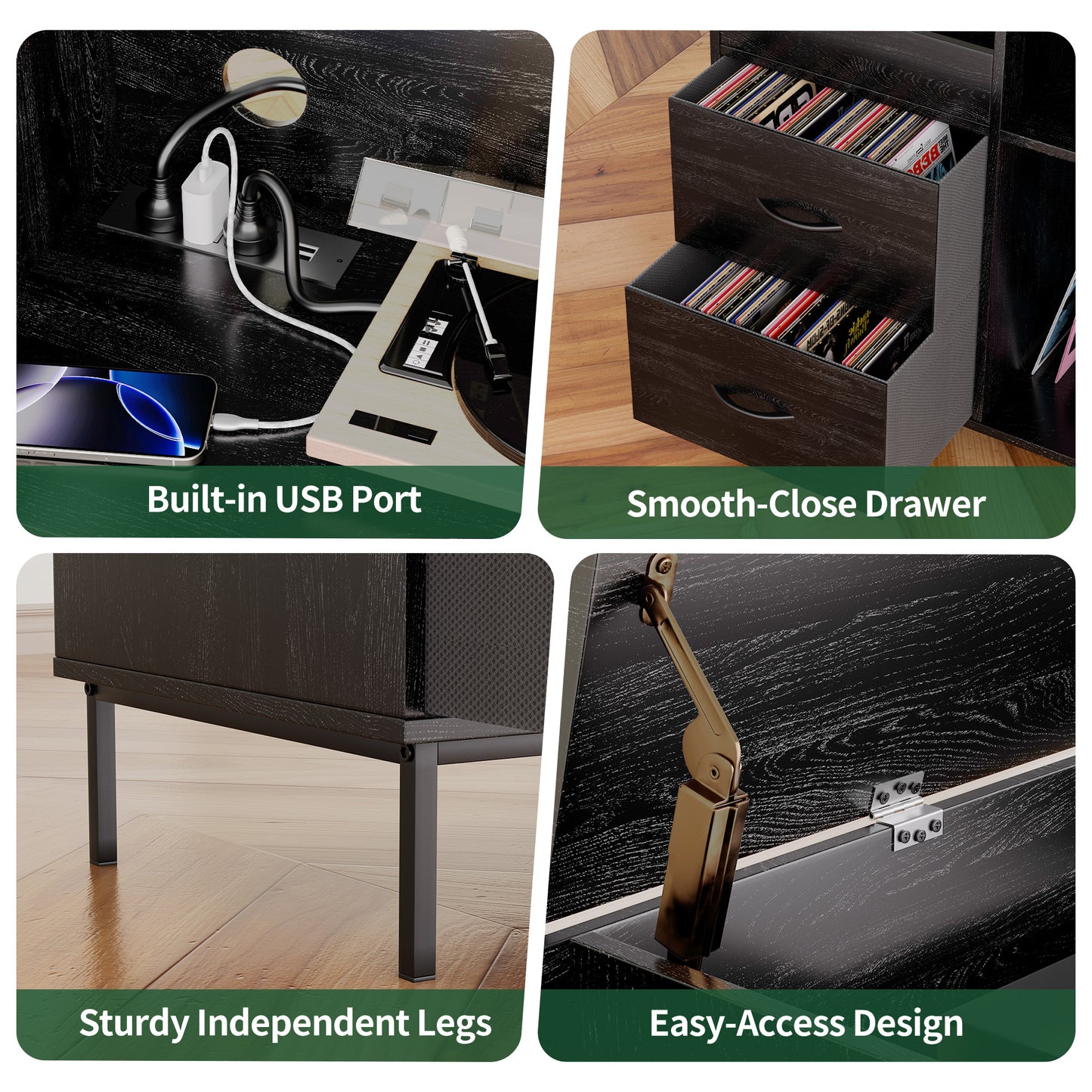 VIYET 35" Eco-Friendly Record Player Stand with Flip-Top, Black MDF+Metal Media Console w/ 2-Outlet Power Strip & Dustproof Storage