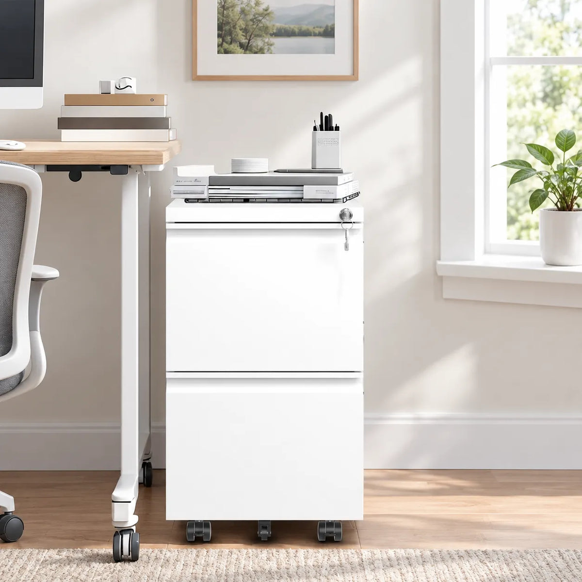 VIYET 2 Drawer Mobile File Cabinet, Rolling Filing Cabinet with Lock, 5 Casters, Fully Assembled, Fits Legal, Letter & A4 Files