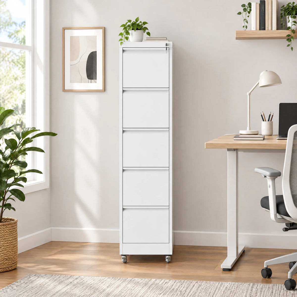 VIYET 5-Drawer Mobile File Cabinet with Lock, 64" Tall Vertical Metal Filing Cabinet with Wheels for Home Office, Legal & Letter Size