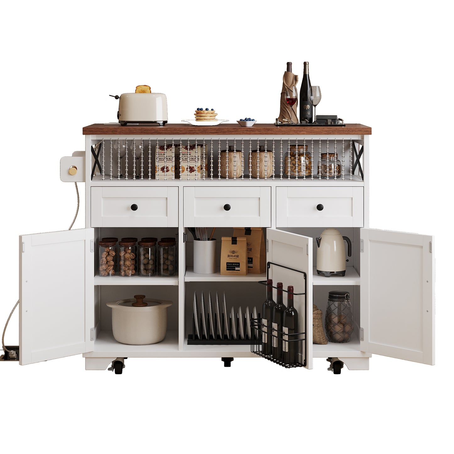 VIYET 39" K&K Farmhouse Rolling Kitchen Island, White MDF Cart w/ Bead Drape, Power Outlet & Drop Leaf (3 Doors+3 Drawers+Internal Iron Shelf)