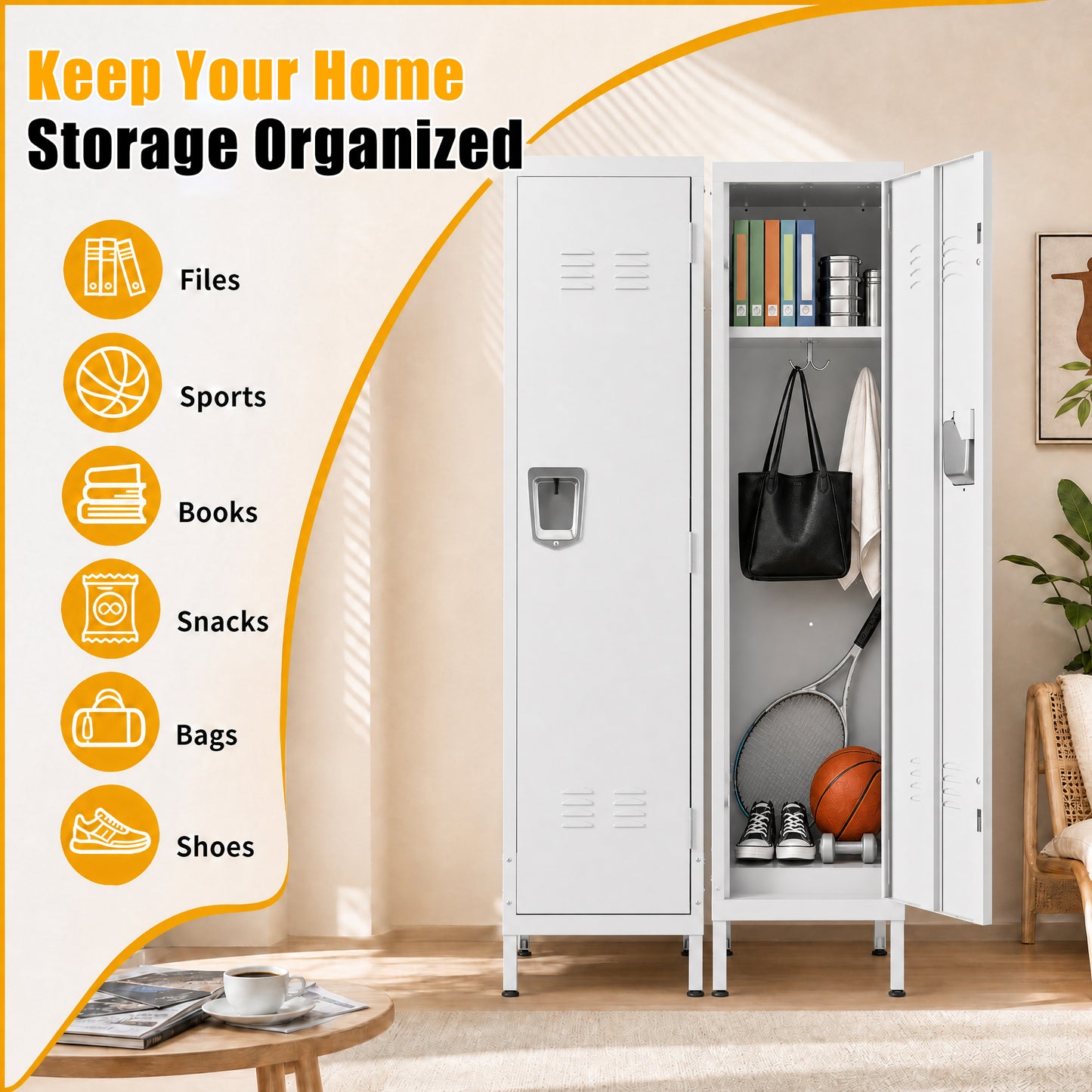 VIYET 55" White Metal Wardrobe Cabinet, Narrow Steel Clothing Storage with Lock & Ventilated Door, Side Hooks, Freestanding Closet for Bedroom & Small Apartment