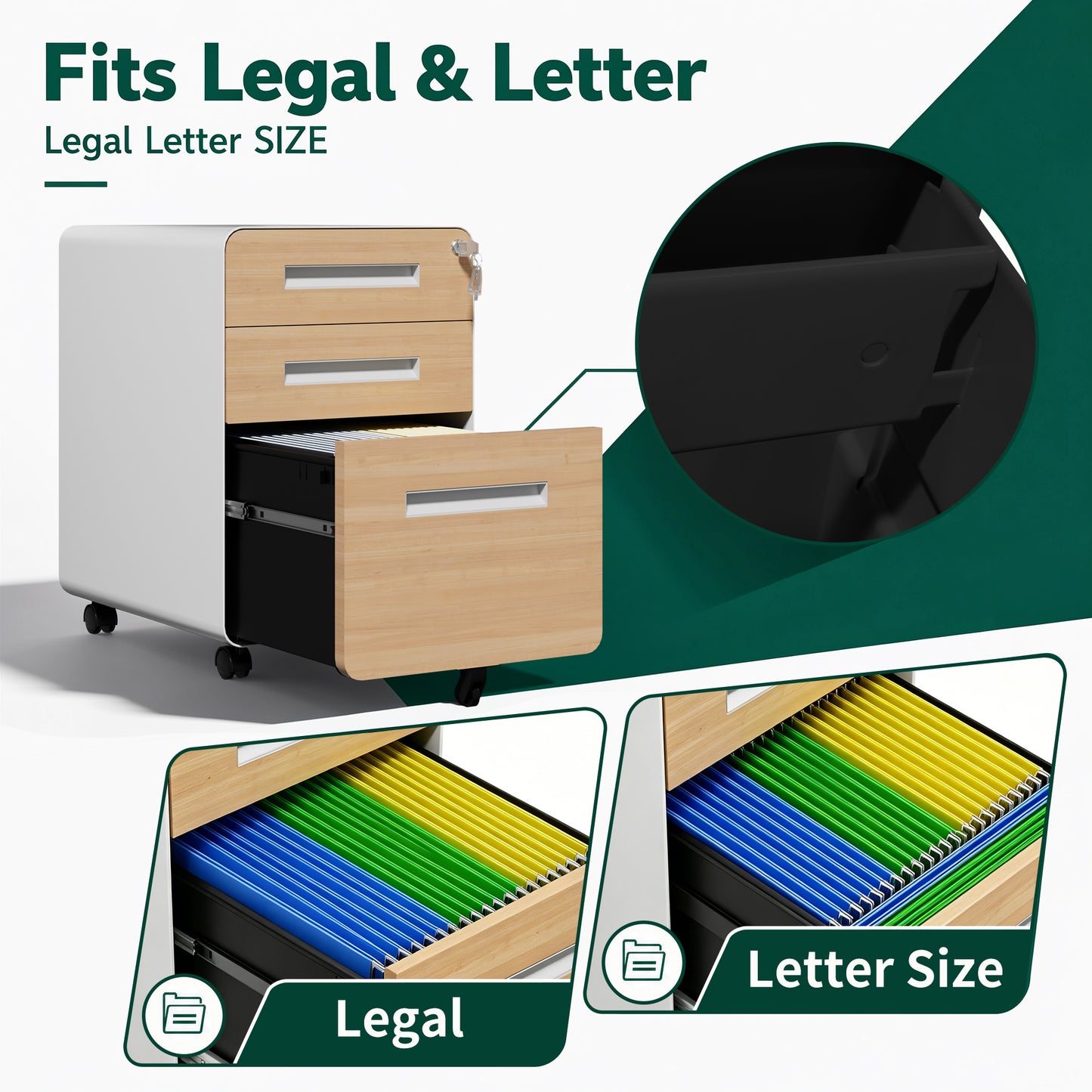 VIYET 3 Drawer Mobile File Cabinet with Lock, Wood Grain Metal Rolling Filing Cabinet on Wheels, Steel Office Storage Cabinet for Letter Legal Files