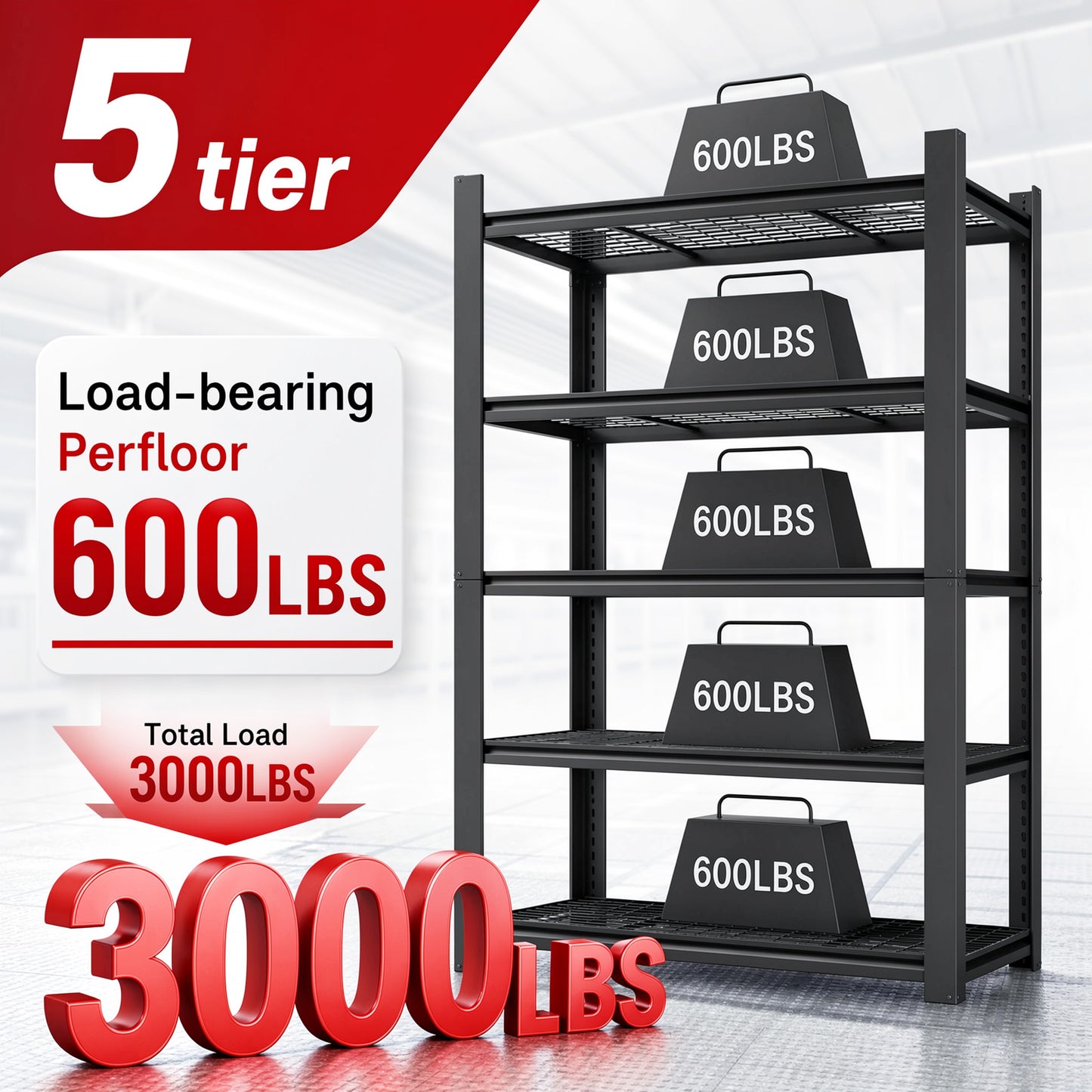 VIYET 72" H 5 Tier Heavy Duty Metal Garage Shelving Unit, Adjustable Industrial Storage Rack with 3000 lbs Capacity, Steel Shelf Organizer, 48"W x 23.6"D Black