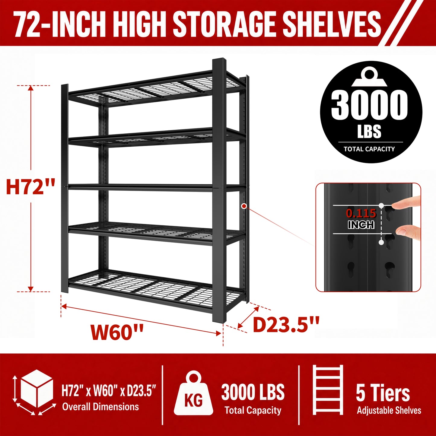 VIYET 72" Heavy Duty Metal Garage Shelving Unit, 5 Tier Adjustable Storage Rack with 3000 LBS Capacity, Steel Shelves for Garage, Pantry & Warehouse