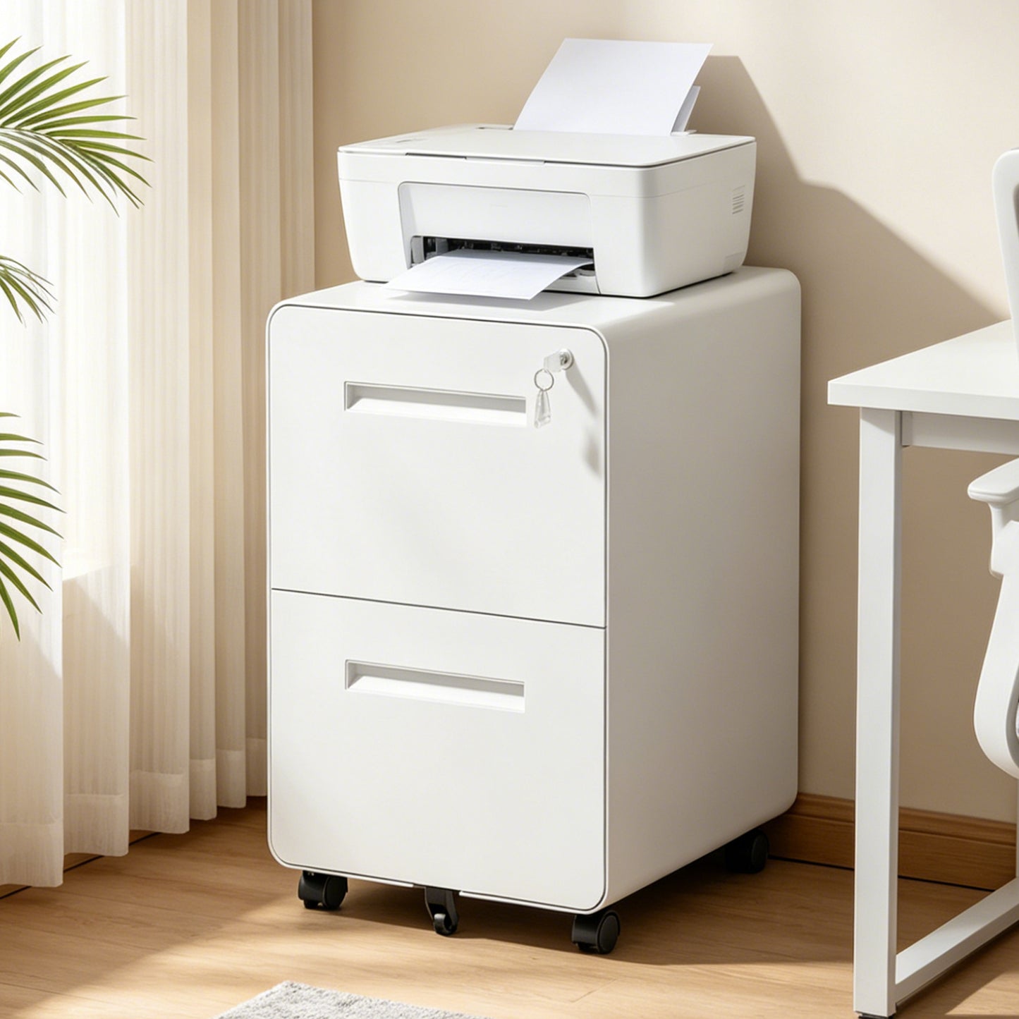 VIYET 2 Drawer Mobile File Cabinet, Metal Rolling Filing Cabinet with Lock, Fully Assembled Steel Office Storage Cabinet for Letter Legal Files, White