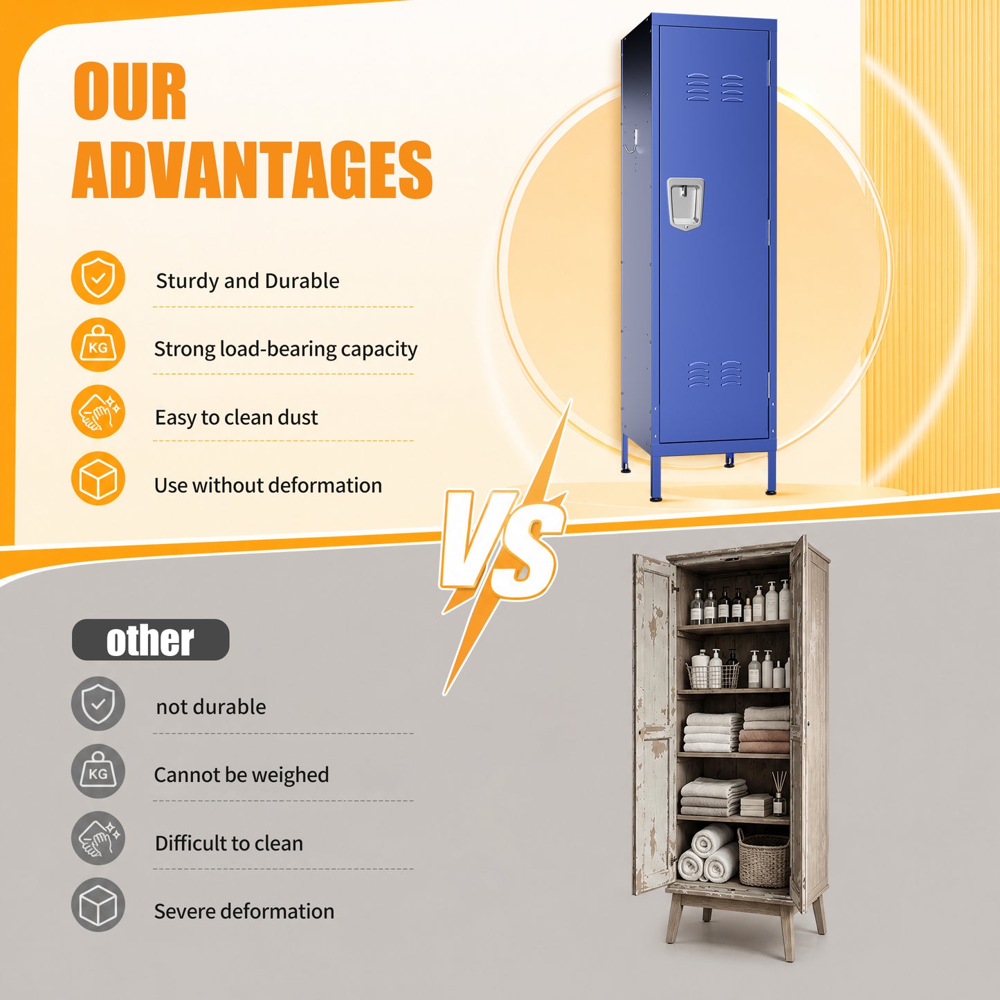 VIYET 55" Blue Metal Wardrobe Cabinet, Slim Steel Clothing Storage Locker with Lock, Ventilated Door, Side Hooks & Anti-Tip Design for Bedroom & Home Office