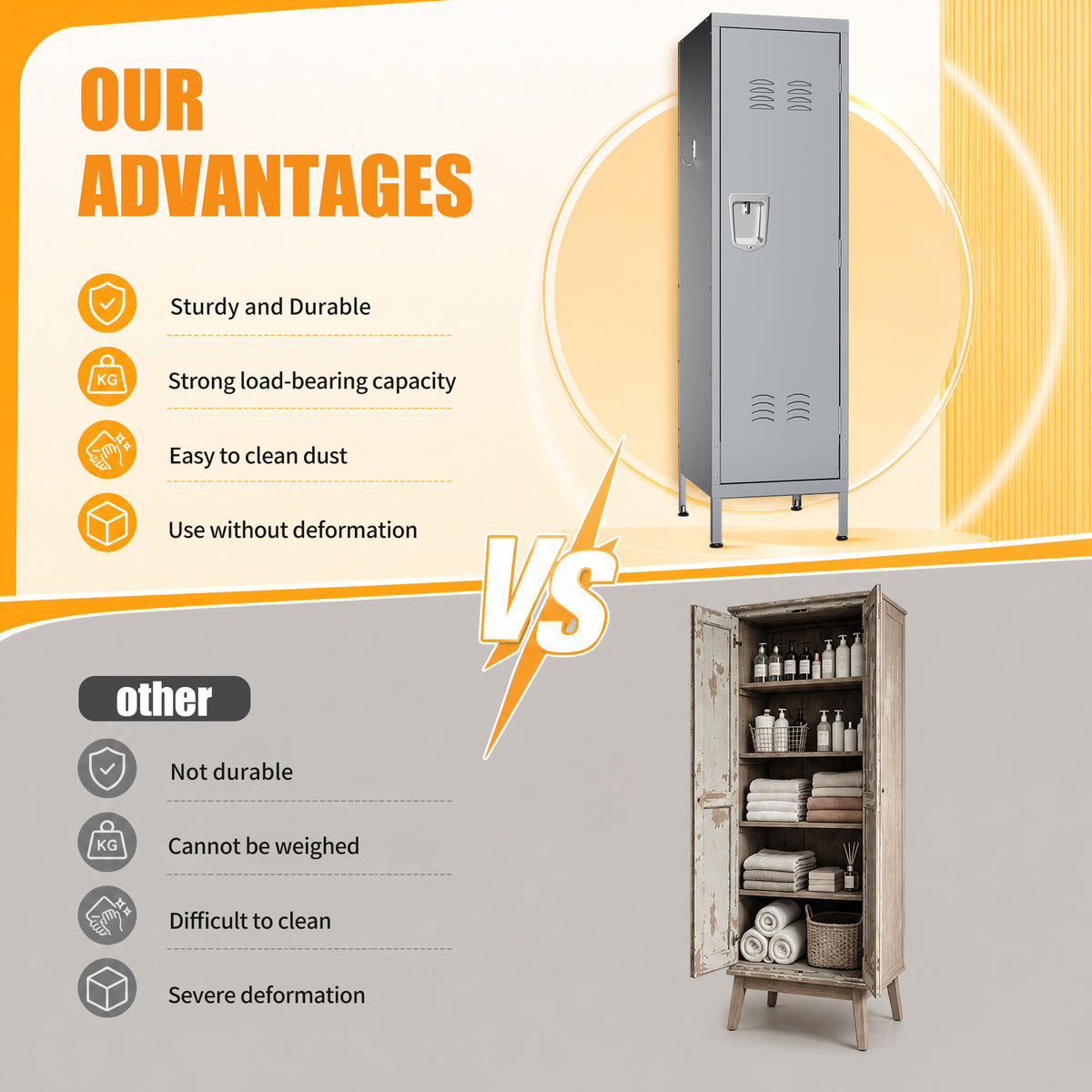 VIYET 55" Steel Wardrobe Cabinet with Lock, Slim Metal Clothing Storage Locker with Ventilated Door, Side Hooks & Anti-Tip Kit for Bedroom, Gray