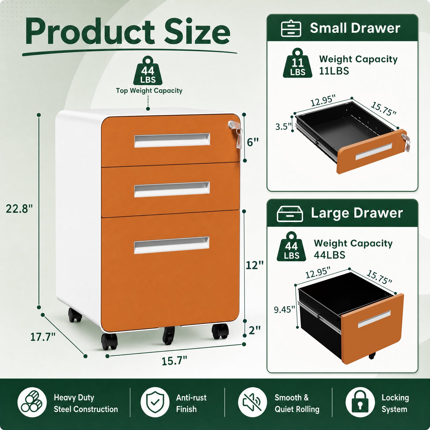 VIYET 3 Drawer Mobile File Cabinet, Rolling Metal Filing Cabinet with Lock, Steel Office Storage Cabinet on Wheels for Letter Legal Files, Home Office Organizer