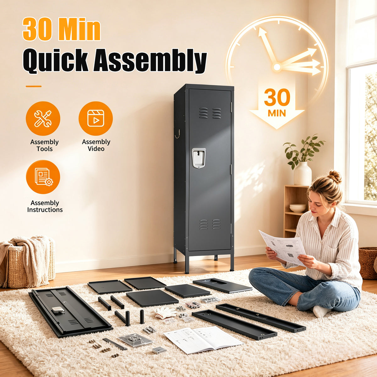 VIYET 55" Metal Wardrobe Cabinet, Narrow Steel Clothing Storage with Lock, Ventilated Door & Side Hooks, Bedroom Closet for Small Spaces, Black