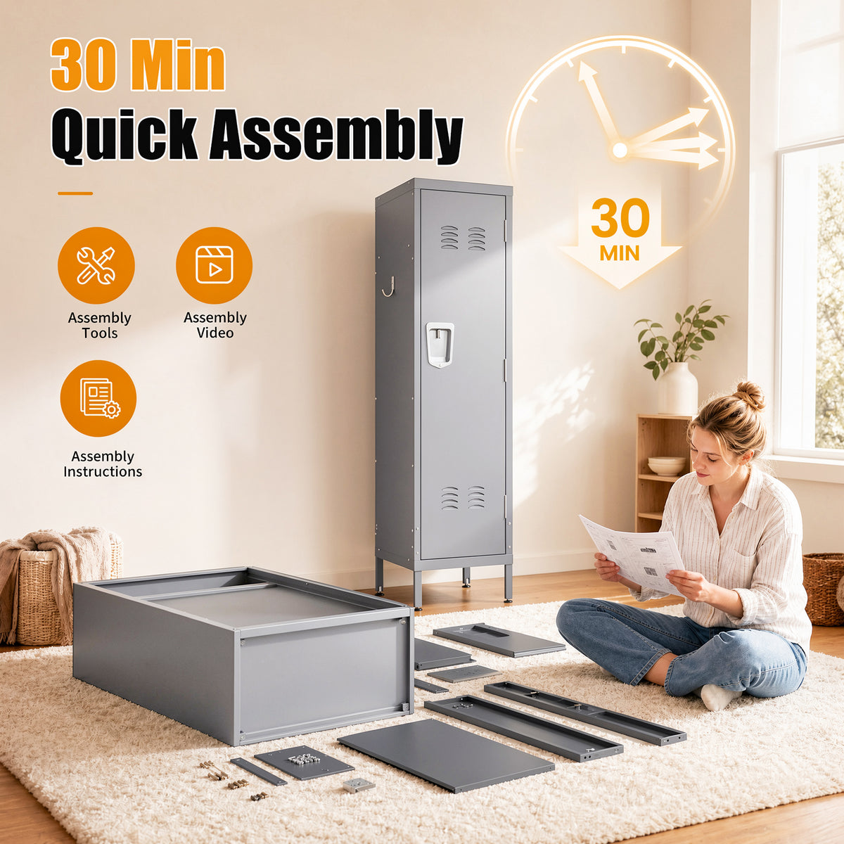VIYET 55" Steel Wardrobe Cabinet with Lock, Slim Metal Clothing Storage Locker with Ventilated Door, Side Hooks & Anti-Tip Kit for Bedroom, Gray