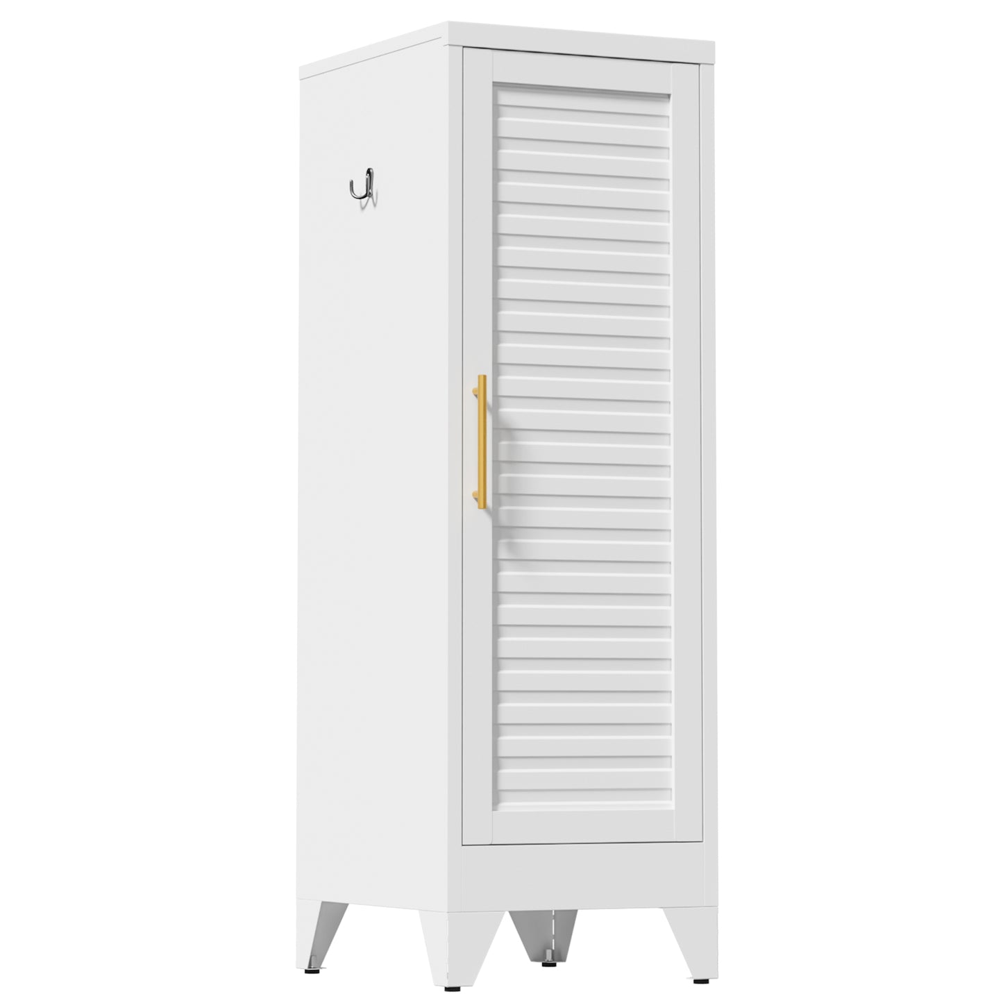 VIYET 47.2" Narrow Metal Wardrobe Closet, Slim Storage Cabinet with Louvered Door and Hanging Rail, Freestanding Clothes Organizer for Bedroom, Apartment, Dorm, White