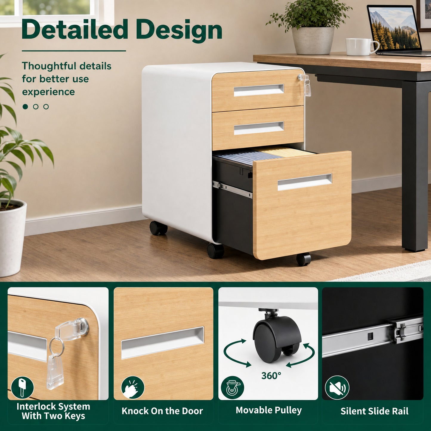 VIYET 3 Drawer Mobile File Cabinet with Lock, Wood Grain Metal Rolling Filing Cabinet on Wheels, Steel Office Storage Cabinet for Letter Legal Files