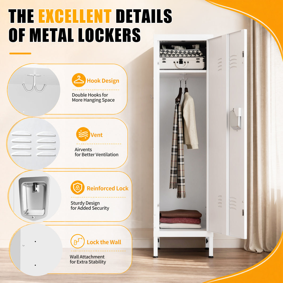 VIYET 55" White Metal Wardrobe Cabinet, Narrow Steel Clothing Storage with Lock & Ventilated Door, Side Hooks, Freestanding Closet for Bedroom & Small Apartment
