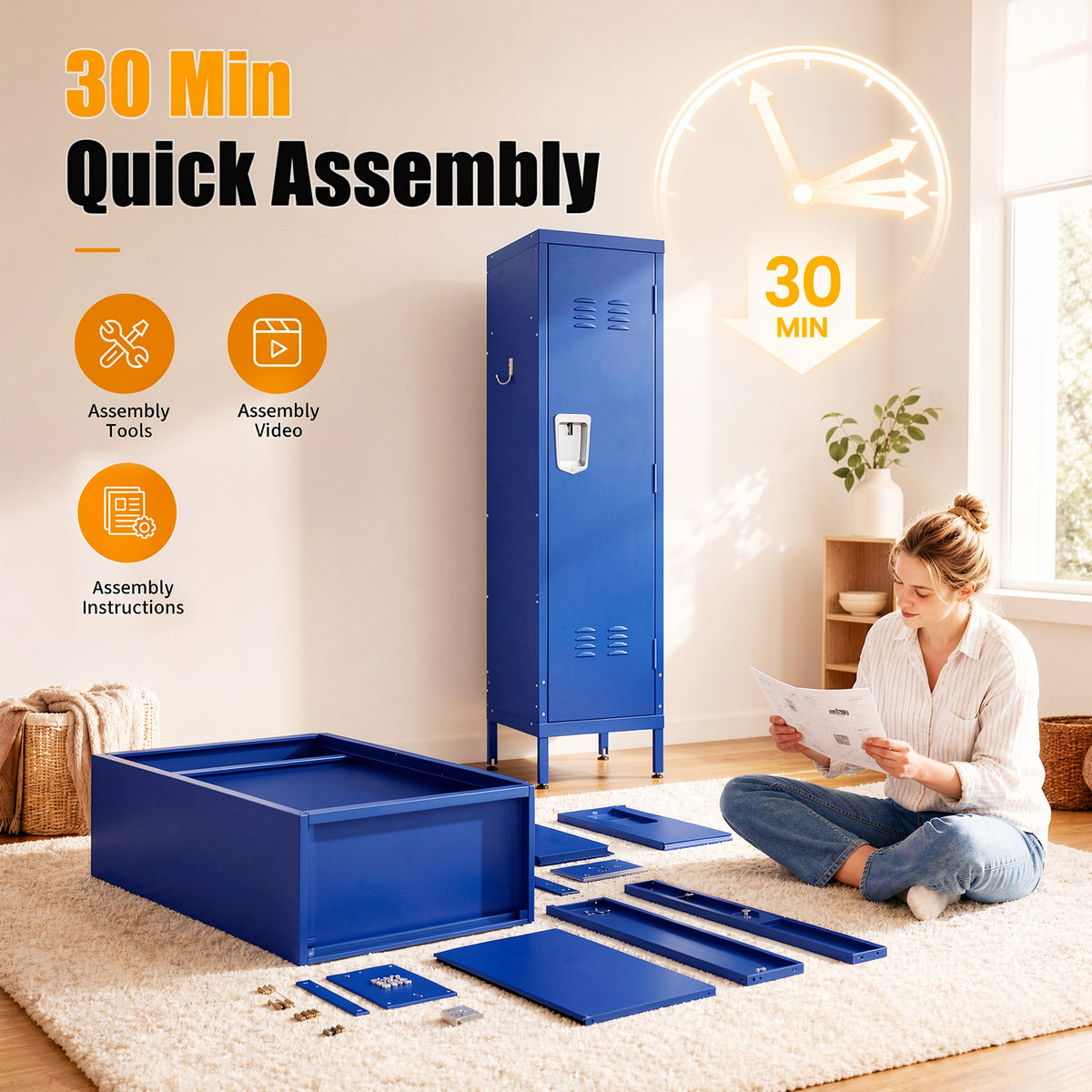 VIYET 55" Blue Metal Wardrobe Cabinet, Slim Steel Clothing Storage Locker with Lock, Ventilated Door, Side Hooks & Anti-Tip Design for Bedroom & Home Office