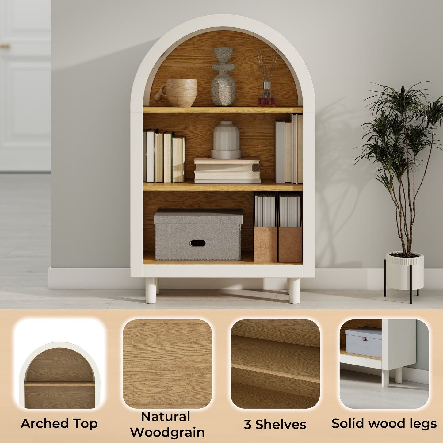 VIYET 3-Tier Arched Top Small Bookcase, White & Oak Woodgrain Modern Storage Cabinet, Engineered Wood Open Shelf for Living Room Bedroom Entryway