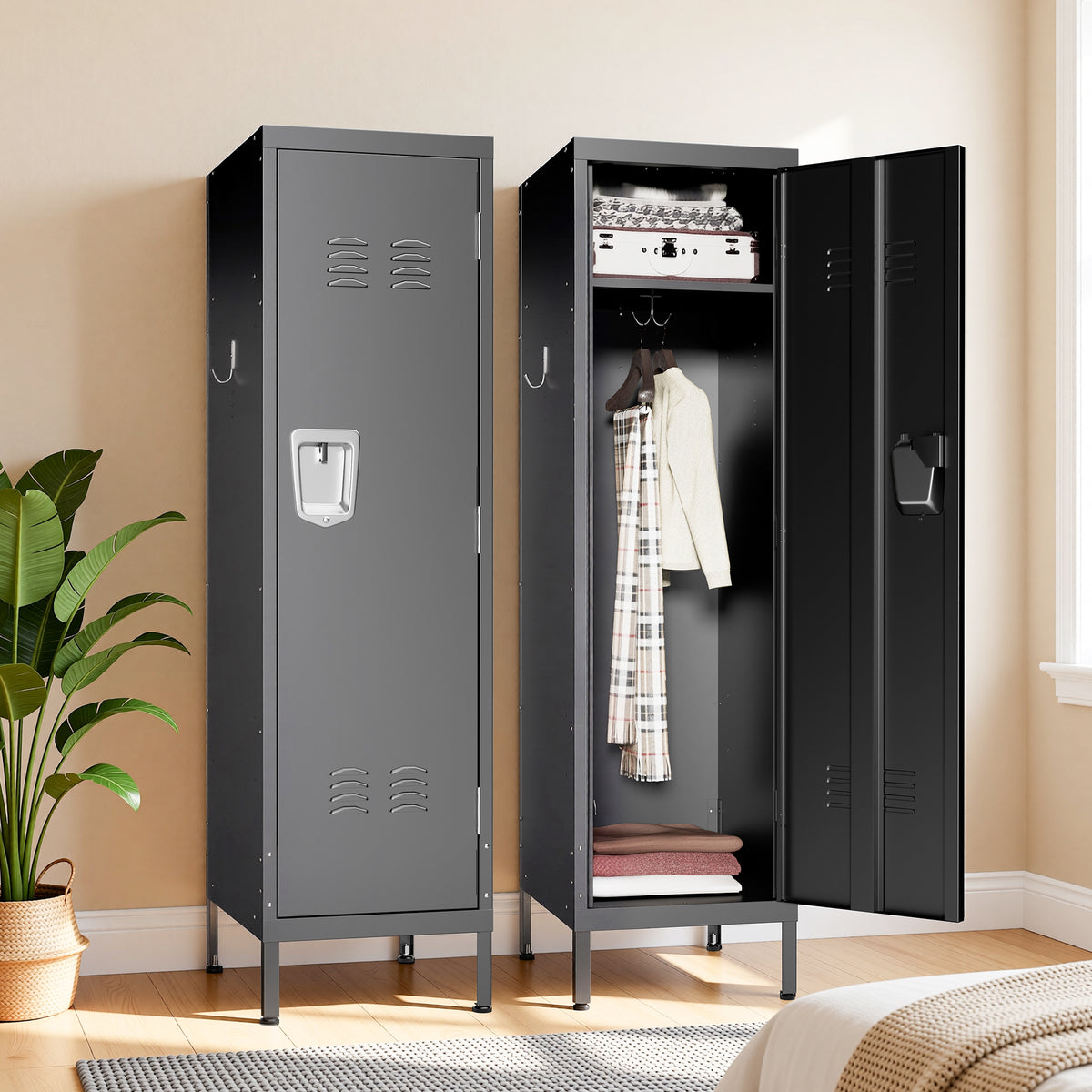 VIYET 55" Metal Wardrobe Cabinet, Narrow Steel Clothing Storage with Lock, Ventilated Door & Side Hooks, Bedroom Closet for Small Spaces, Black