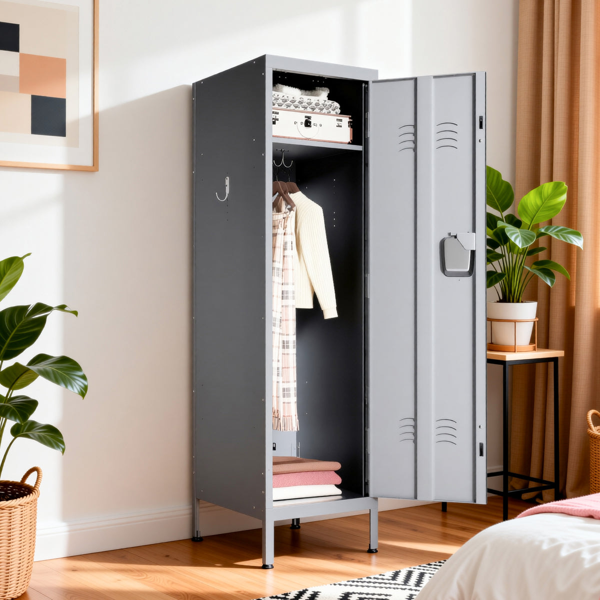 VIYET 55" Steel Wardrobe Cabinet with Lock, Slim Metal Clothing Storage Locker with Ventilated Door, Side Hooks & Anti-Tip Kit for Bedroom, Gray
