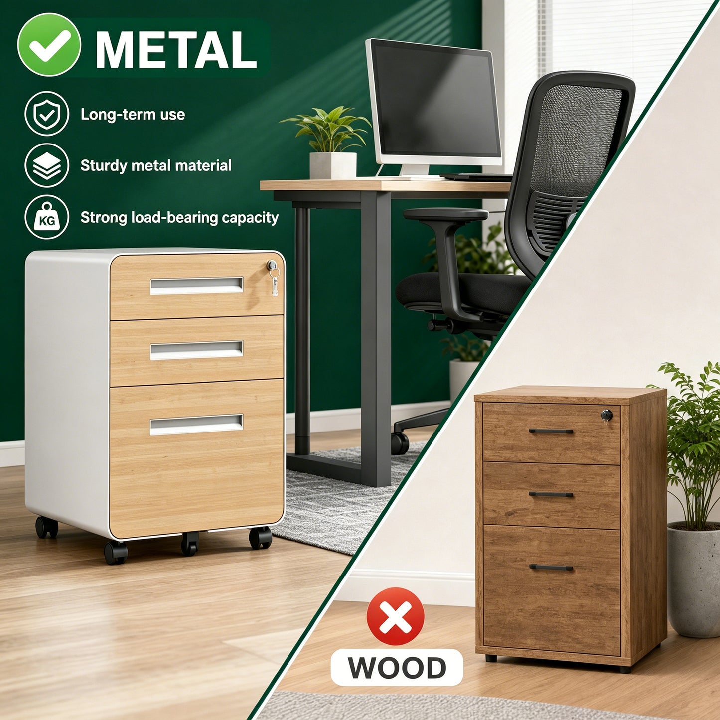 VIYET 3 Drawer Mobile File Cabinet with Lock, Wood Grain Metal Rolling Filing Cabinet on Wheels, Steel Office Storage Cabinet for Letter Legal Files