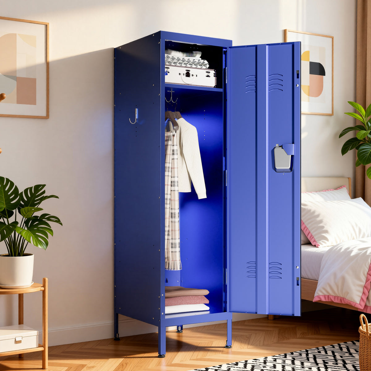 VIYET 55" Blue Metal Wardrobe Cabinet, Slim Steel Clothing Storage Locker with Lock, Ventilated Door, Side Hooks & Anti-Tip Design for Bedroom & Home Office
