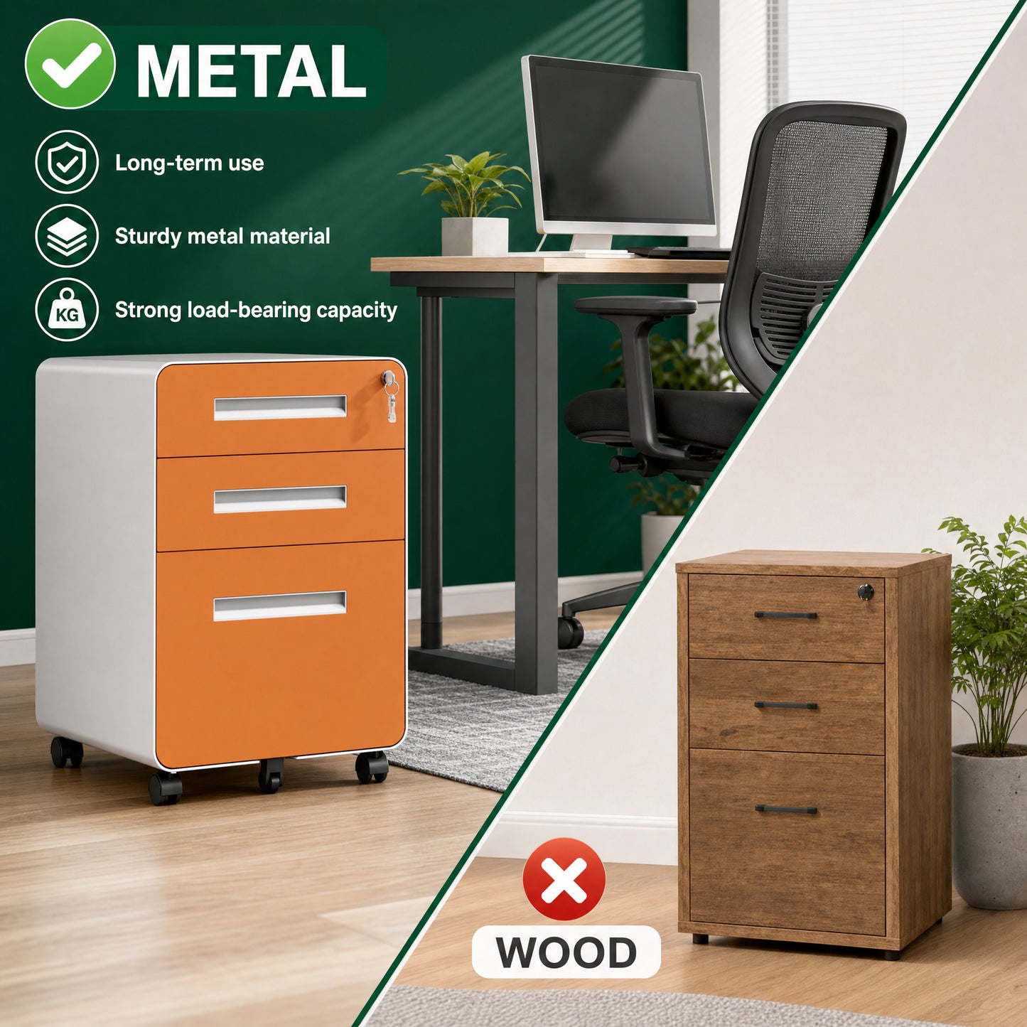 VIYET 3 Drawer Mobile File Cabinet, Rolling Metal Filing Cabinet with Lock, Steel Office Storage Cabinet on Wheels for Letter Legal Files, Home Office Organizer