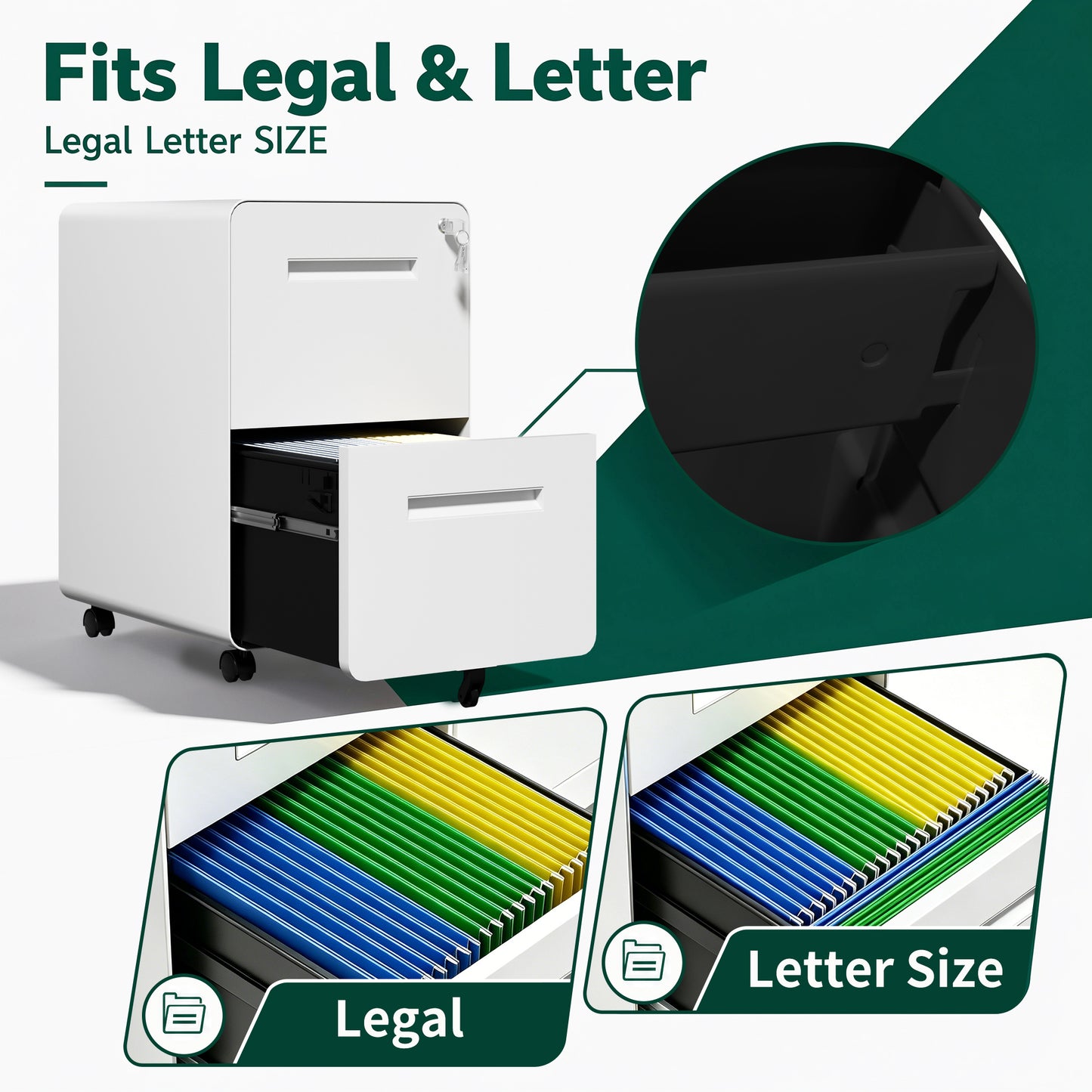 VIYET 2 Drawer Mobile File Cabinet, Metal Rolling Filing Cabinet with Lock, Fully Assembled Steel Office Storage Cabinet for Letter Legal Files, White