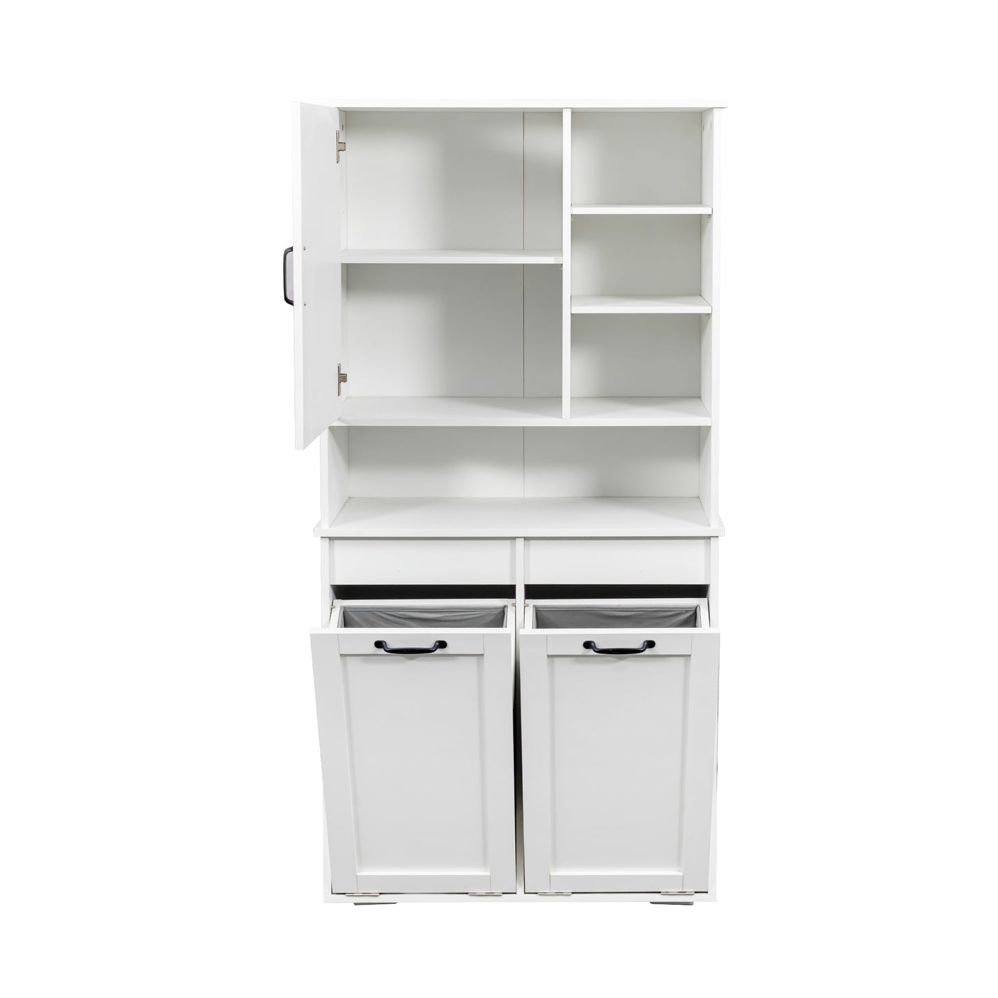 VIYET 63" White Freestanding Laundry Cabinet-Particle Board+MDF, Tilt-Out Hamper, Adjustable Shelves & Multiple Storage