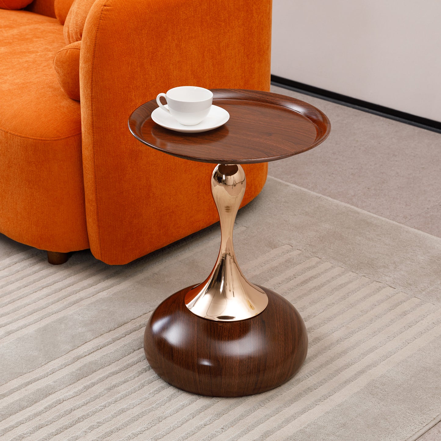 VIYET 21" Mermaid Tail Round End Table, Art Deco Metal Pedestal Accent Table, Minimalist Tray-Style Side Table for Small Spaces (Walnut Brown)