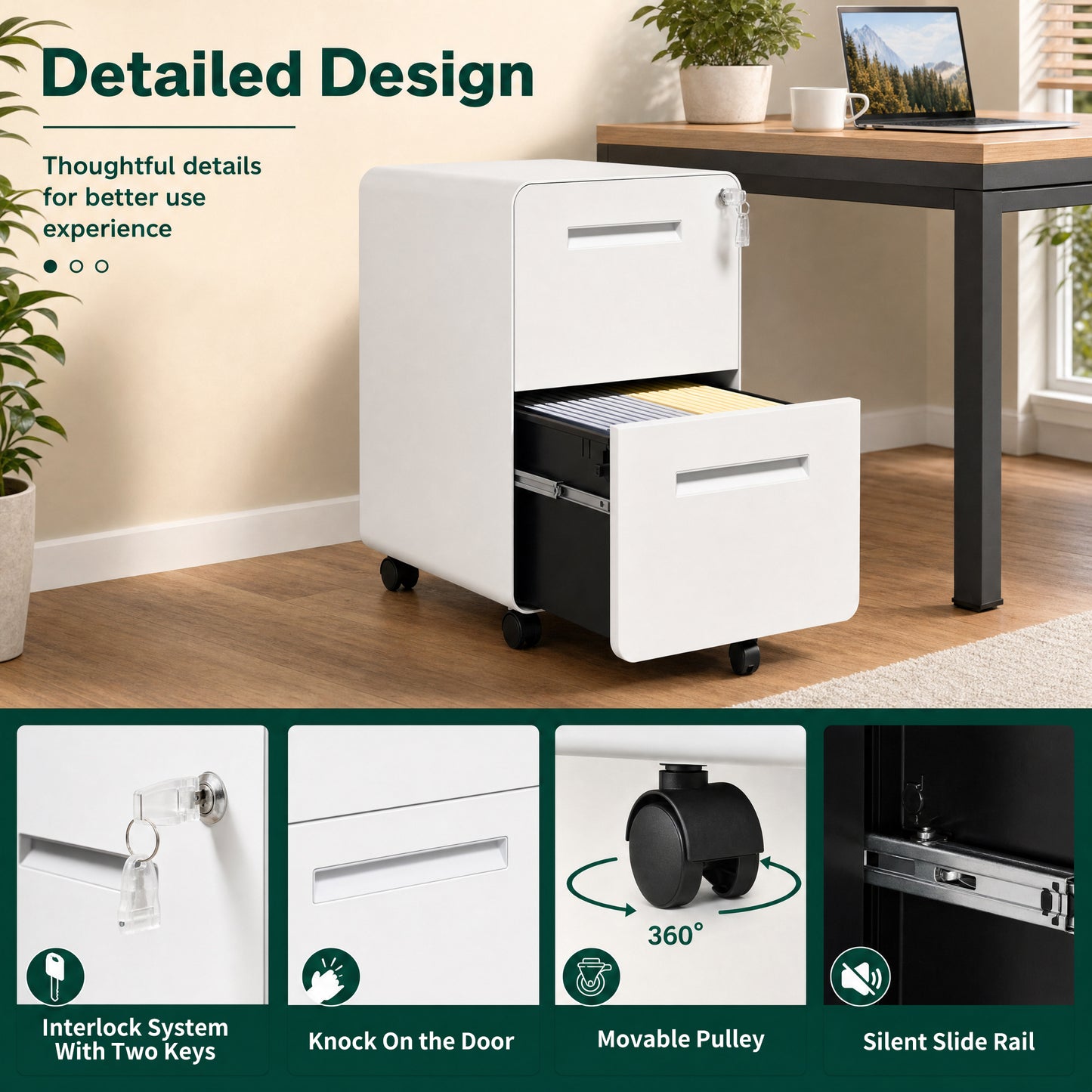 VIYET 2 Drawer Mobile File Cabinet, Metal Rolling Filing Cabinet with Lock, Fully Assembled Steel Office Storage Cabinet for Letter Legal Files, White