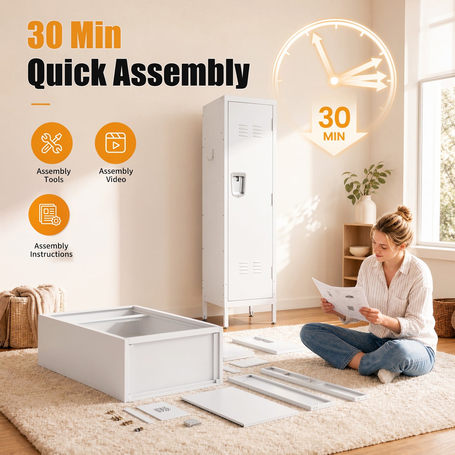 VIYET 55" White Metal Wardrobe Cabinet, Narrow Steel Clothing Storage with Lock & Ventilated Door, Side Hooks, Freestanding Closet for Bedroom & Small Apartment