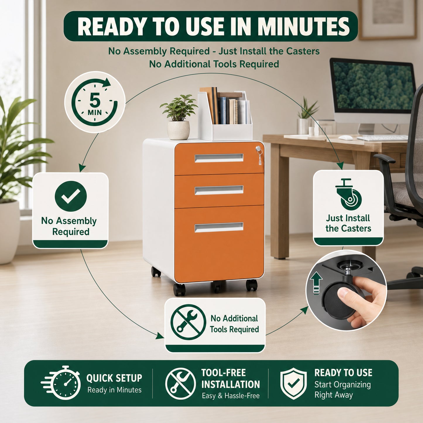 VIYET 3 Drawer Mobile File Cabinet, Rolling Metal Filing Cabinet with Lock, Steel Office Storage Cabinet on Wheels for Letter Legal Files, Home Office Organizer