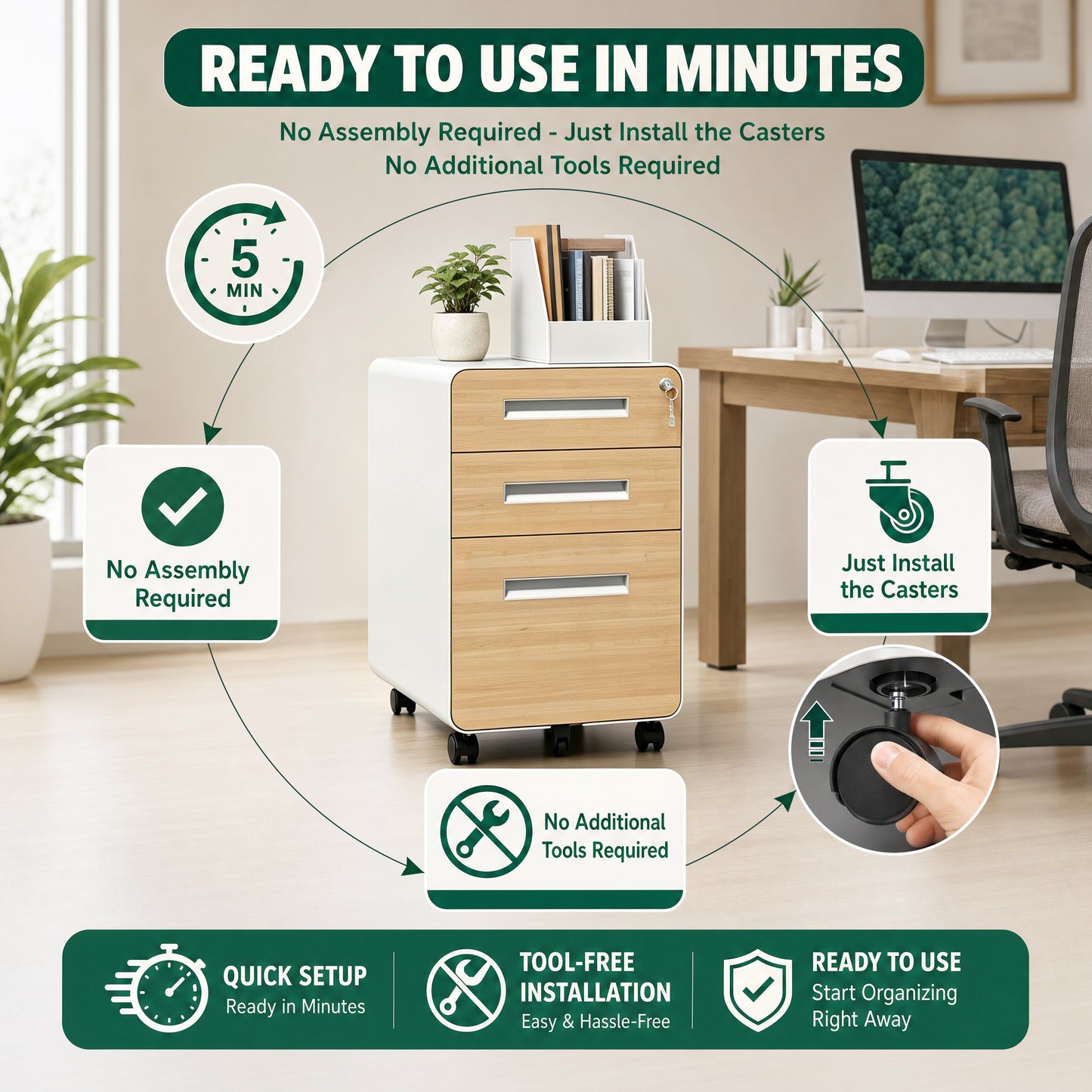 VIYET 3 Drawer Mobile File Cabinet with Lock, Wood Grain Metal Rolling Filing Cabinet on Wheels, Steel Office Storage Cabinet for Letter Legal Files