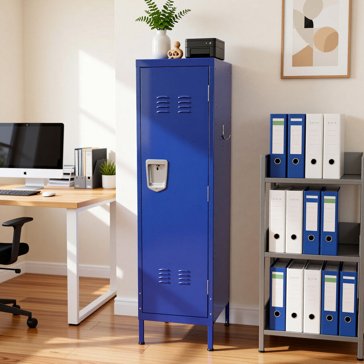 VIYET 55" Blue Metal Wardrobe Cabinet, Slim Steel Clothing Storage Locker with Lock, Ventilated Door, Side Hooks & Anti-Tip Design for Bedroom & Home Office