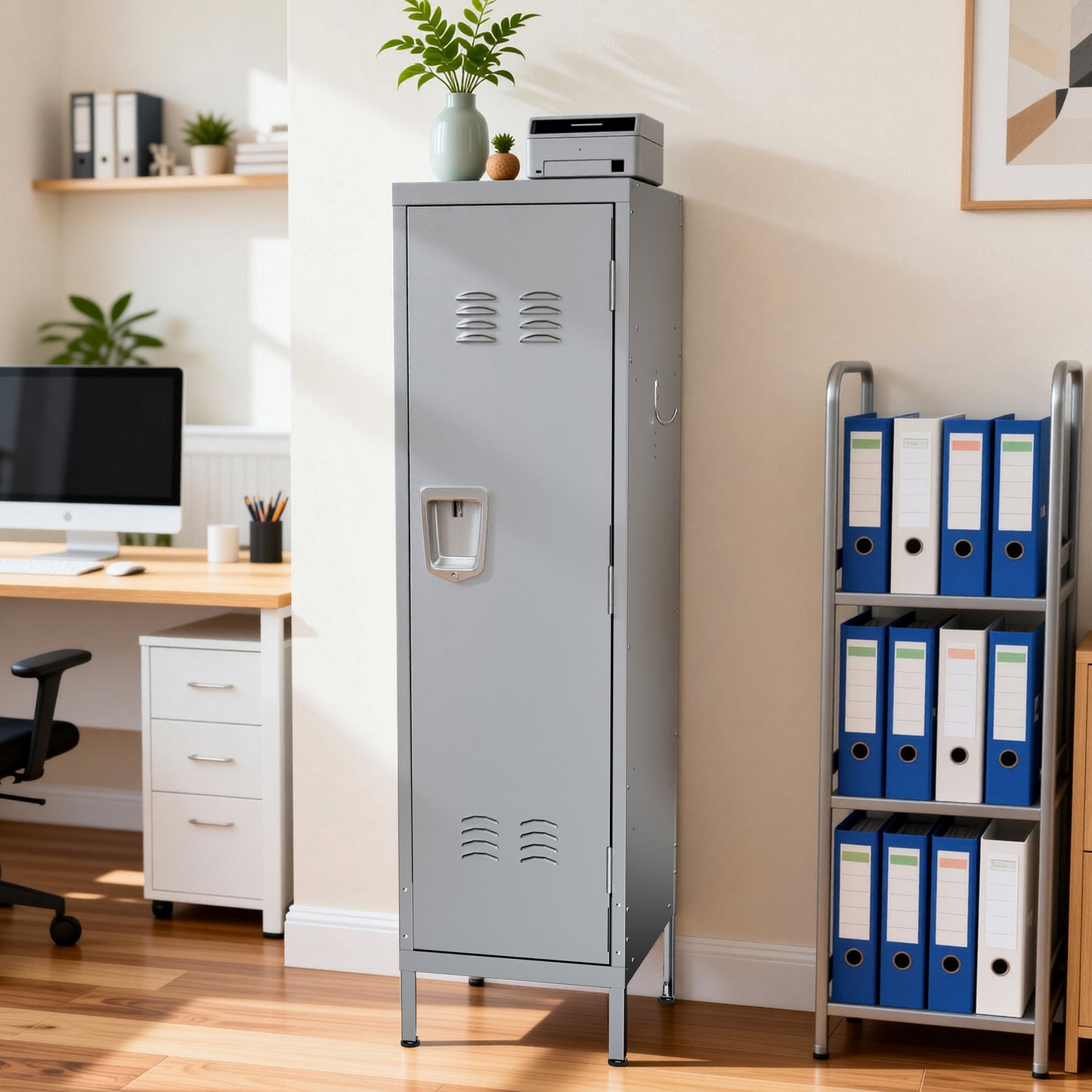 VIYET 55" Steel Wardrobe Cabinet with Lock, Slim Metal Clothing Storage Locker with Ventilated Door, Side Hooks & Anti-Tip Kit for Bedroom, Gray